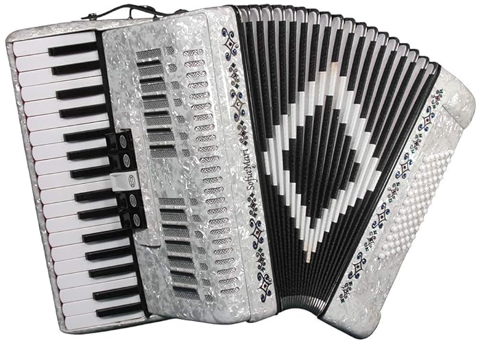 SofiaMari SM3472 Piano Accordion w/Free NAC-4872 Roll Away Case, a $160 Value. 34 Key, 72 Bass, Leather Harness Straps also included. (White Pearl)