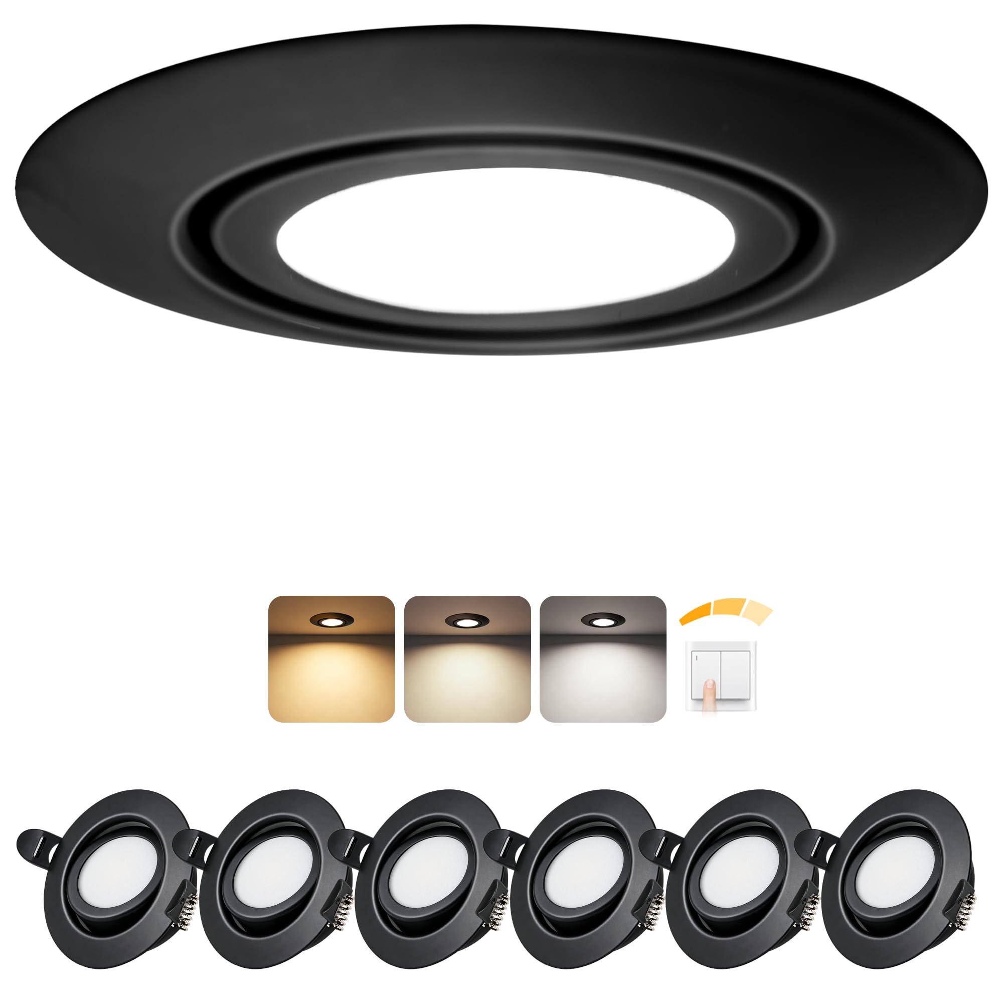 Laiebri LED Einbaustrahler 230V Dimmbar 3 Stufen 45°Schwenkbar LED Spots | 6W 3CCT 3000K/4000K/6000K, Laiebri IP44 Einbauleuchten Deckenspots für Badezimmer Küche Wohnzimmer, Ø65–80mm Lochmaß