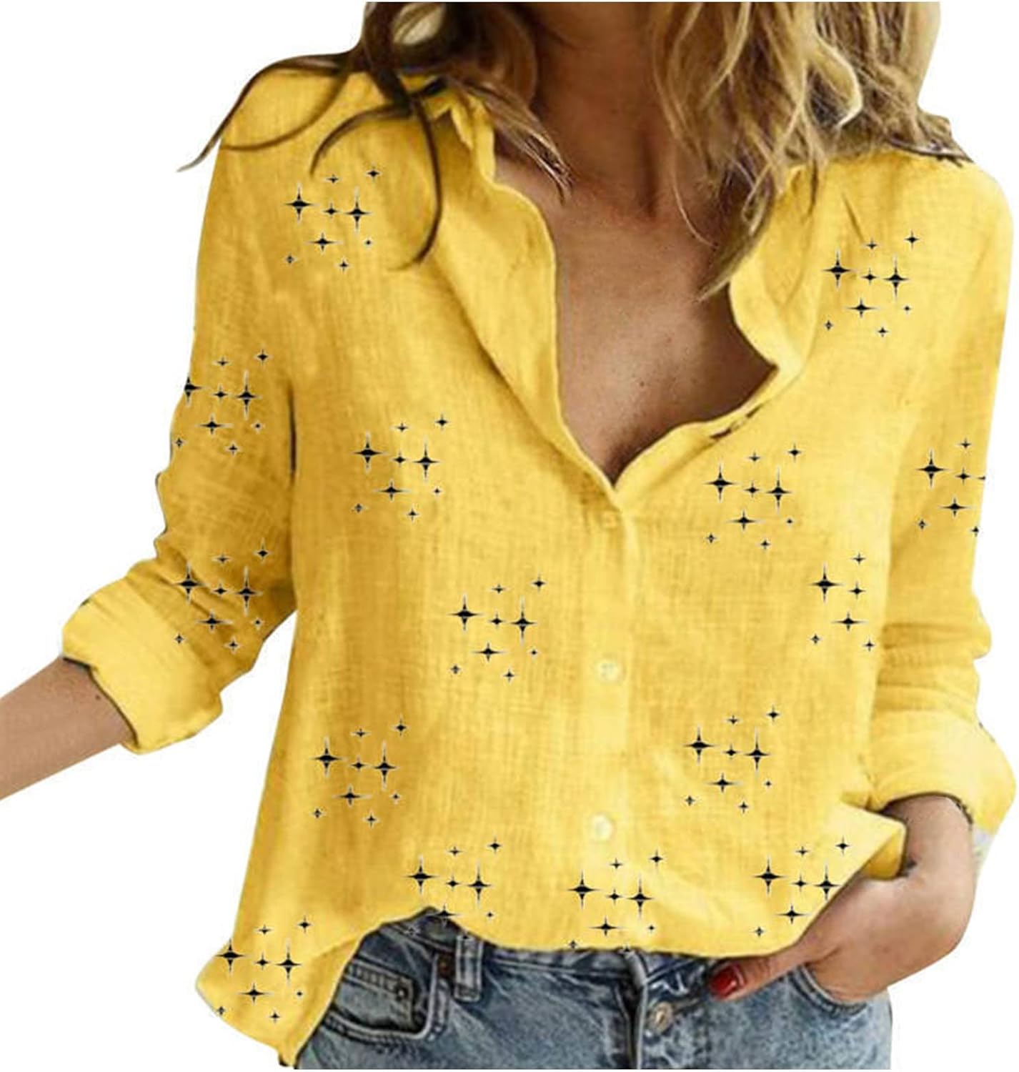 Women Collared V Neck Button Down Blouses Tops Plus Size Casual Long Sleeve Shirts Trendy Print Loose Fit Work Shirt