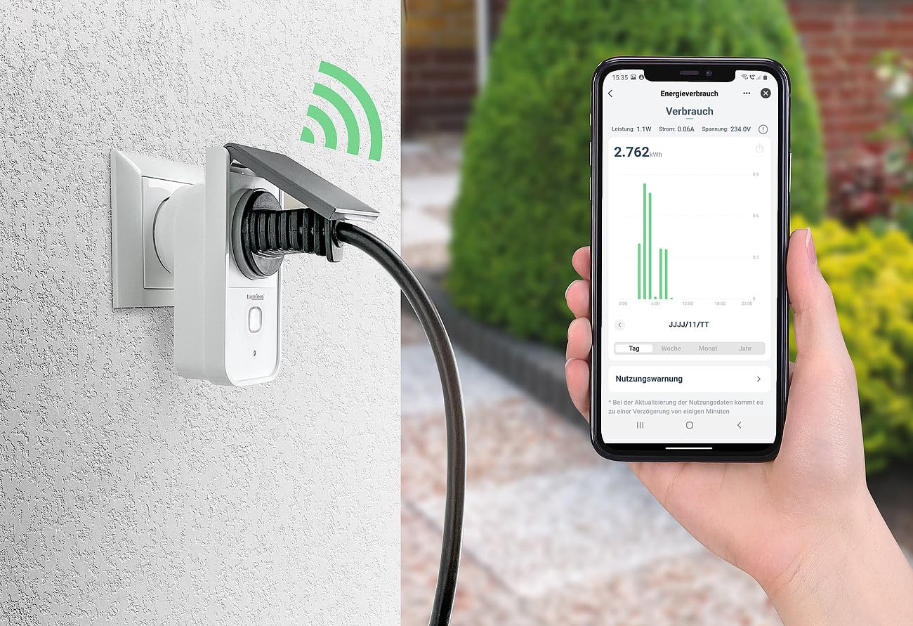 Luminea Home Control presa smart Alexa: Outdoor Wi-Fi presa, Misuratore di costi energetici, Certificato Matter (contatore elettrico esterno, smart plug wlan, contatore)