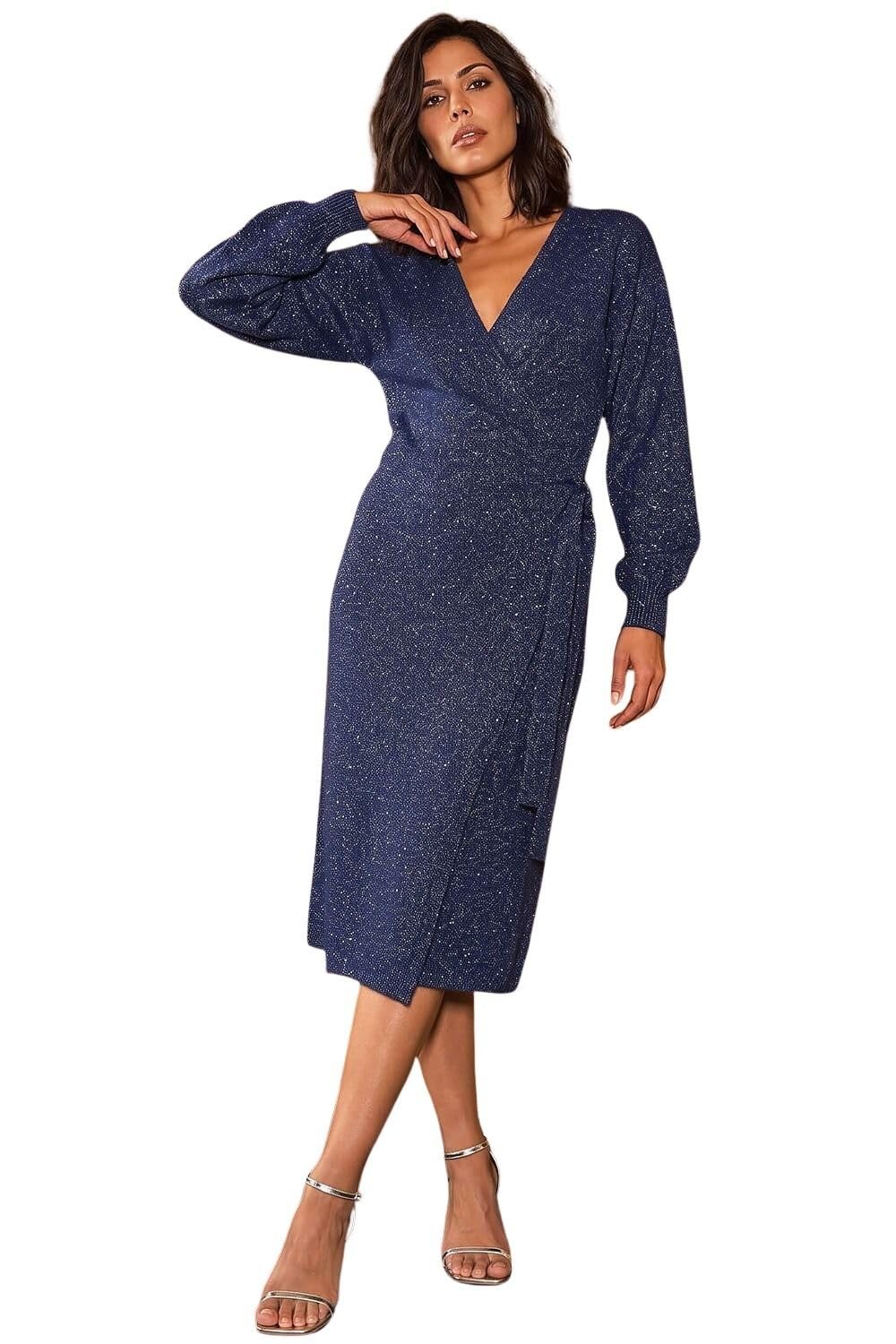 Dusk Fashion Shimmer Wrap Knit Dress for Women UK - Ladies Everyday Autumn Winter V-Neckline Comfy Soft Evening Vacation Work Party Night Out