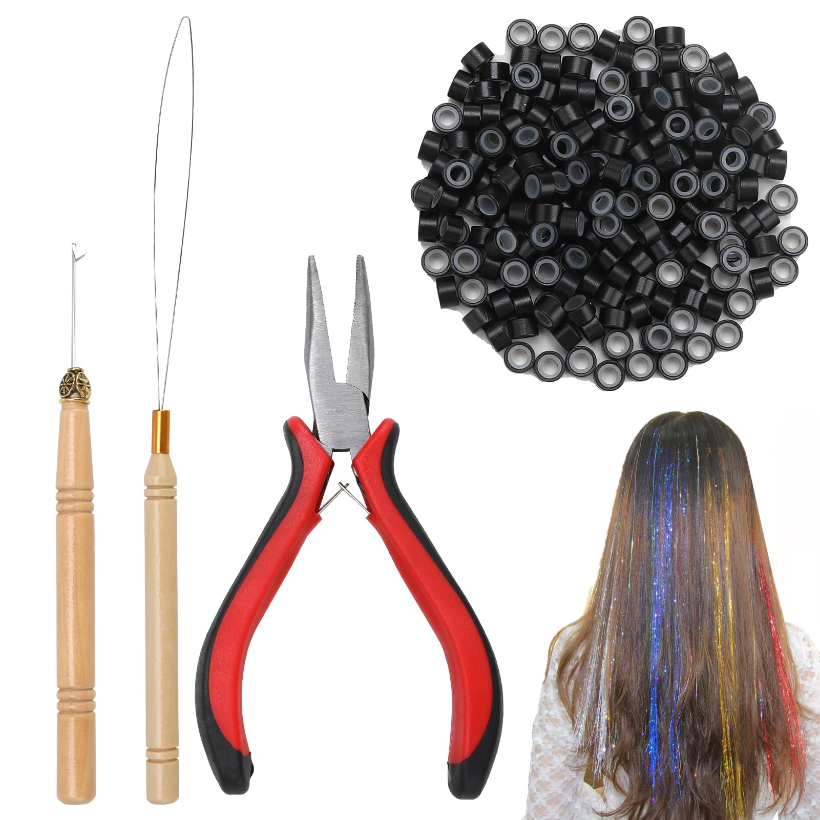 Hair Extension Tools Kit, 200pcs 3.0mm Black Silicone Micro Lined Nano Ring Beads + Hair Extension Pliers + 2pcs Loop Needle Threader Pulling Hook, Hair Extension Tool for Tinsel Feather Extensions