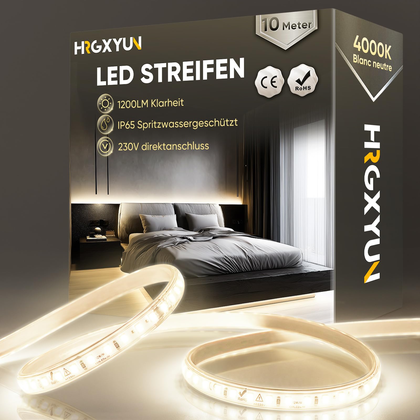 230V LED Streifen Aussen, SMD 2835 IP65 Wasserdicht, Bande LED Durchsichtig 1200LM Ohne Trafo Flexible Kürzbar für Zimmer und Außen Dekoration Beleuchtung, 4000K Neutralweiß, 10m