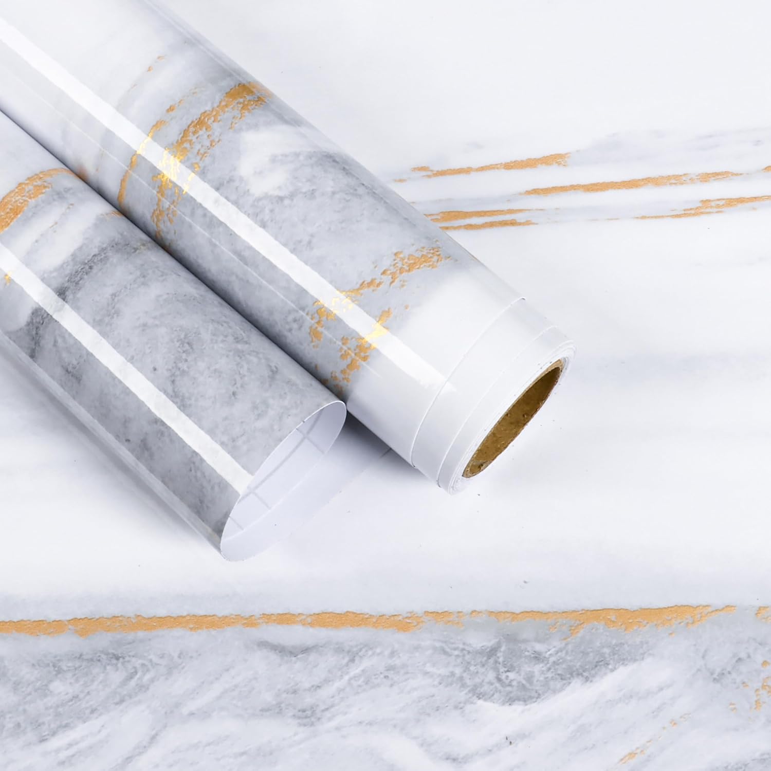 Grey White Gold Marble Contact Paper Peel and Stick Countertops Waterproof Glossy Marble Wallpaper for Bathroom Kitchen Vinyl Wrap 15.7"x472" Removable White and Gold Wall Paper for Cabinets
