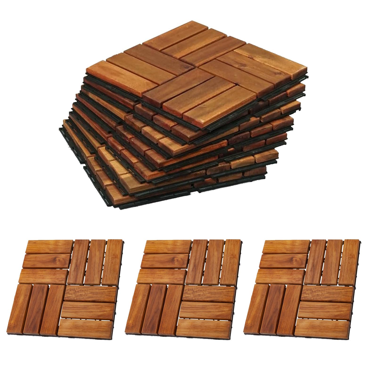 Wooden Interlocking Flooring Tiles (Pack of 10), Solid Hardwood Wood Flooring Straight Pattern Patio Deck Tiles, 30 * 30 CM for Home Outdoor Indoor Garden Backyard Porch Yard Swimming Pool
