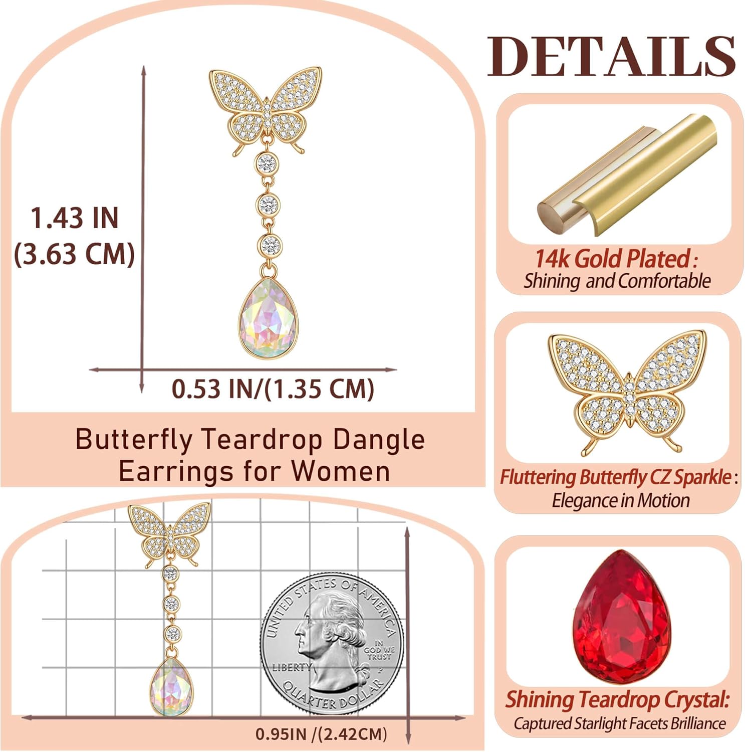 EVEVIC Austrian Crystal Teardrop Butterfly Dangle Stud Earrings for Women 14K Gold Plated Drop Earring Hypoallergenic Jewelry Gifts - Image 6