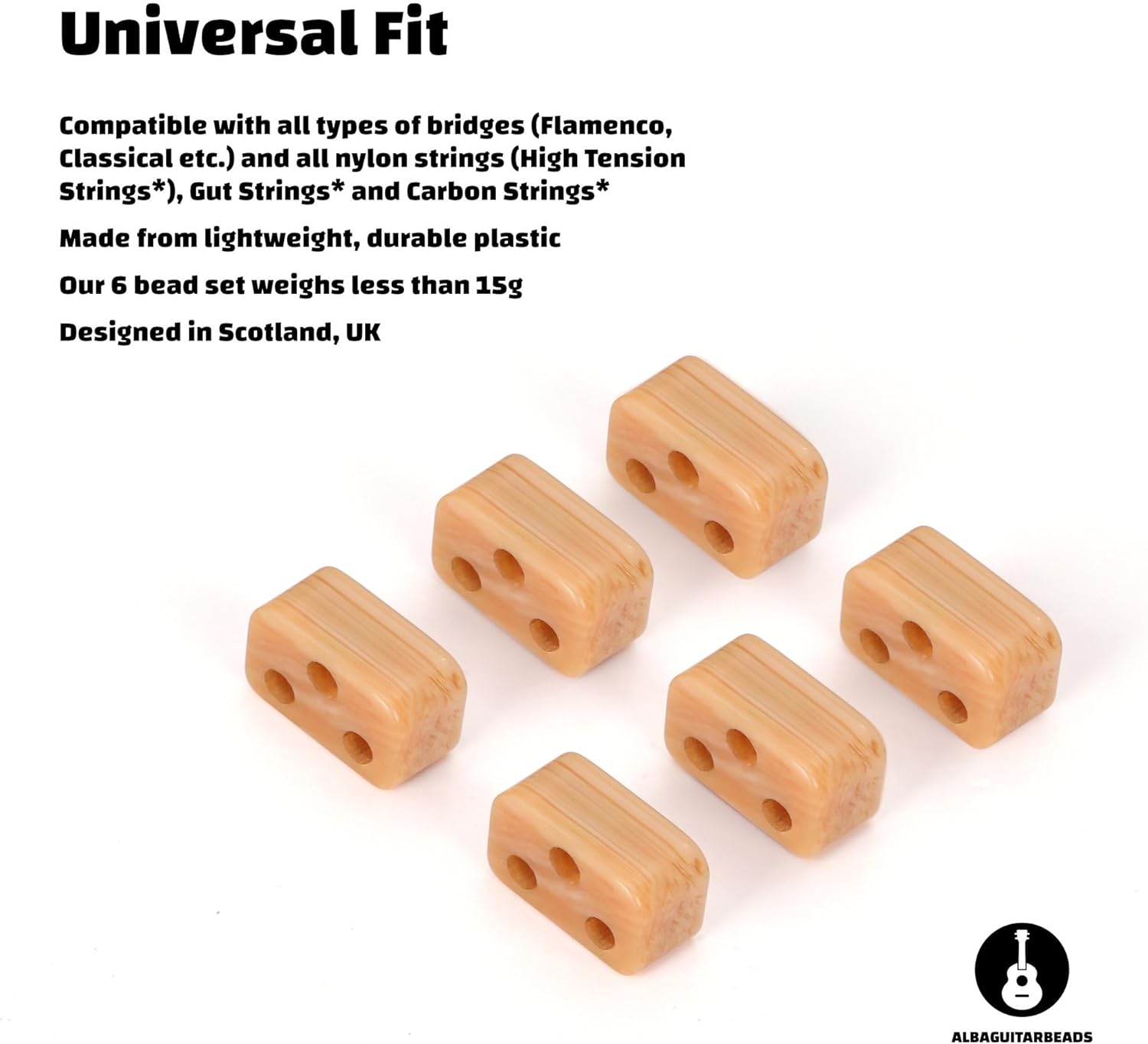 Classical Guitar Bridge Beads – Light Wood Pattern Tie Blocks for Nylon & Carbon Strings – Fits Flamenco Guitars – Alba GB