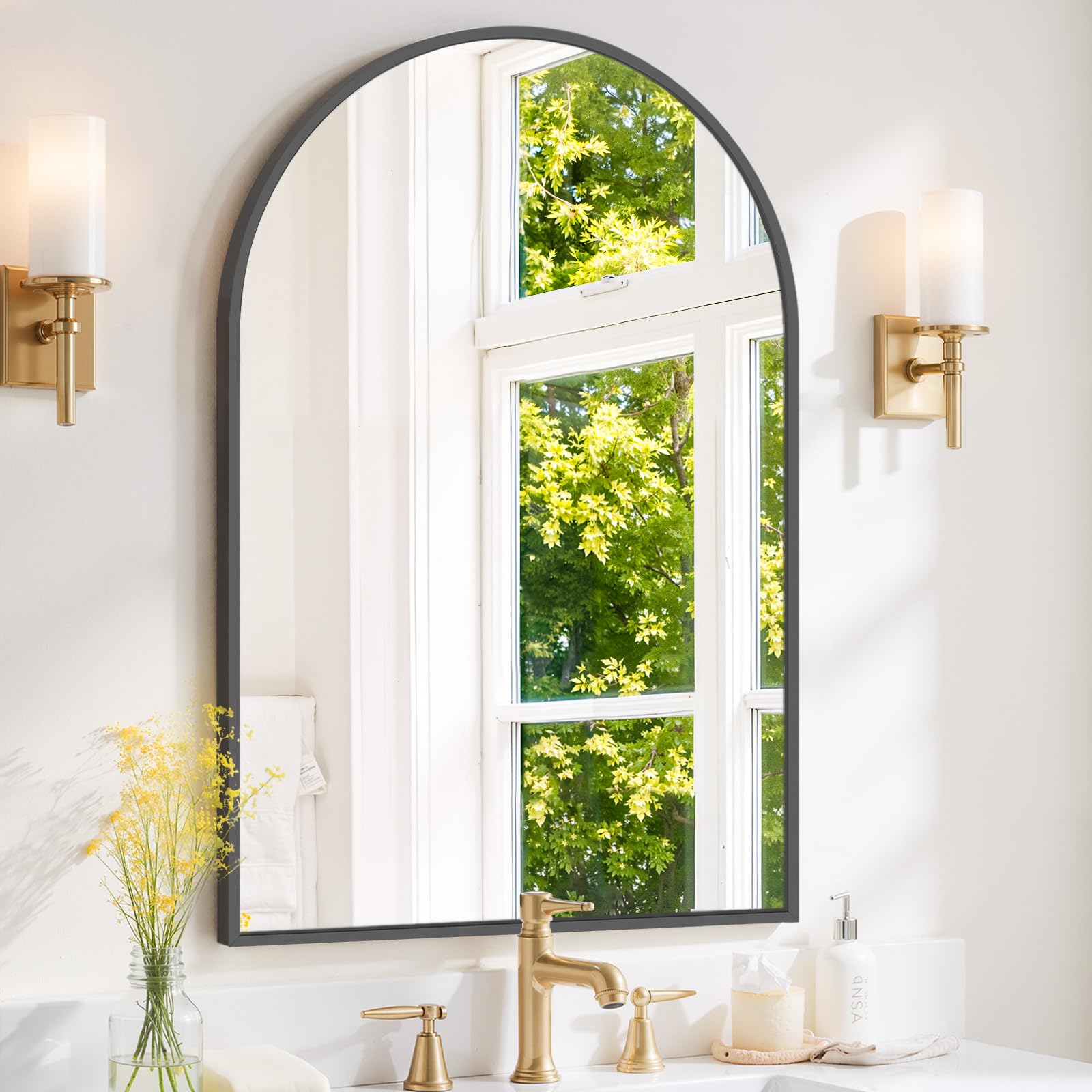 Arched Wall Mirror 38x26 Inch Black Bathroom Vanity Mirror with Metal Frame, Modern Arch Mirror for Bedroom, Living Room, Entryway, Wall Mounted