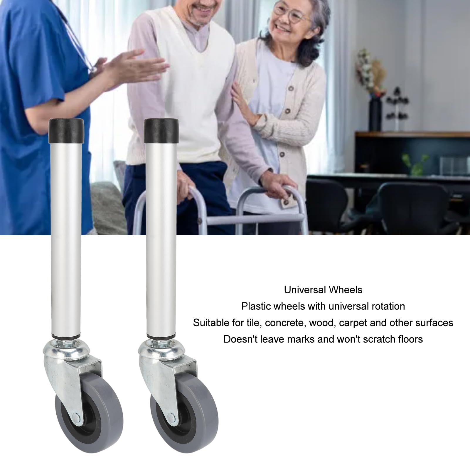 BRRNOO 2 Ruedas para Andador, Accesorios de Repuesto para Andador, Ruedas Giratorias Universales para Pies de Andador, Repuesto de Altura Ajustable para Personas Mayores