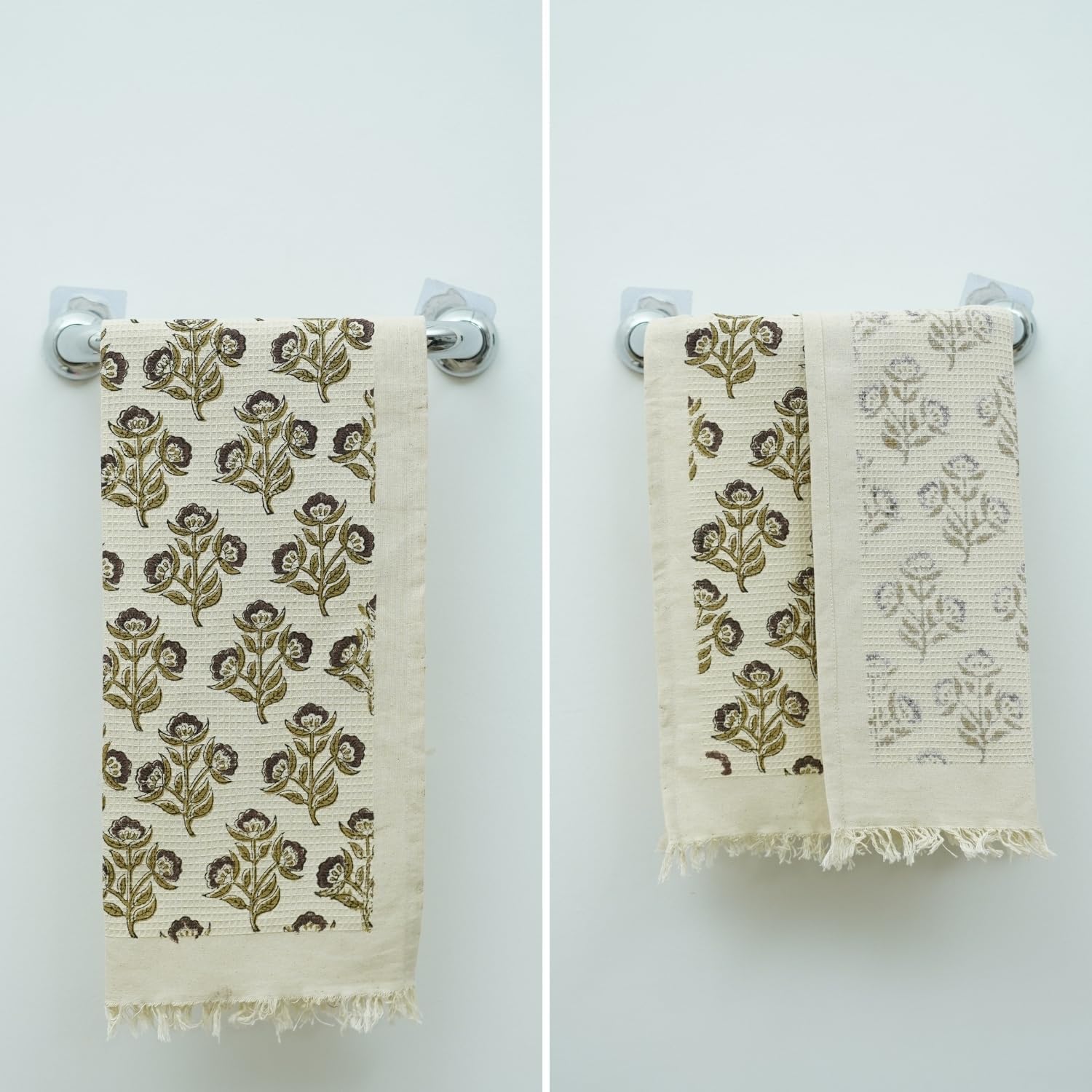 17X32 Inch Waffle Weave Hand Towels Set of 2 Chocolate Brown Floral Block Print Premium Absorbent Cotton, Lightweight & Soft, for Kitchen, Bath Use, Bael Patra