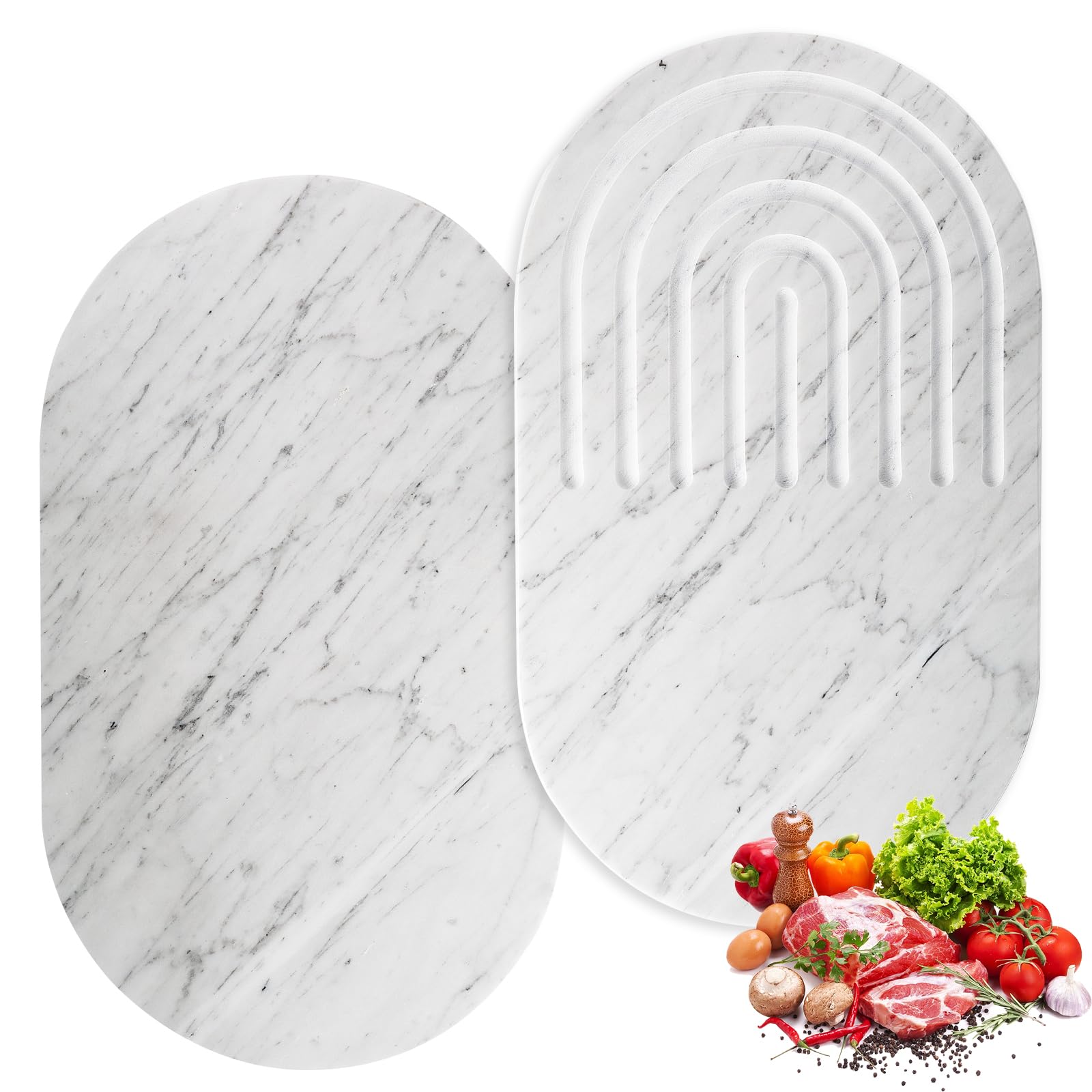 CHISELED ST DF SK 16.5"x9.8" Dual-Sided White Marble Cutting Board for Kitchen - Oval Stone Chopping Board with Anti-Slip Silicone Feet