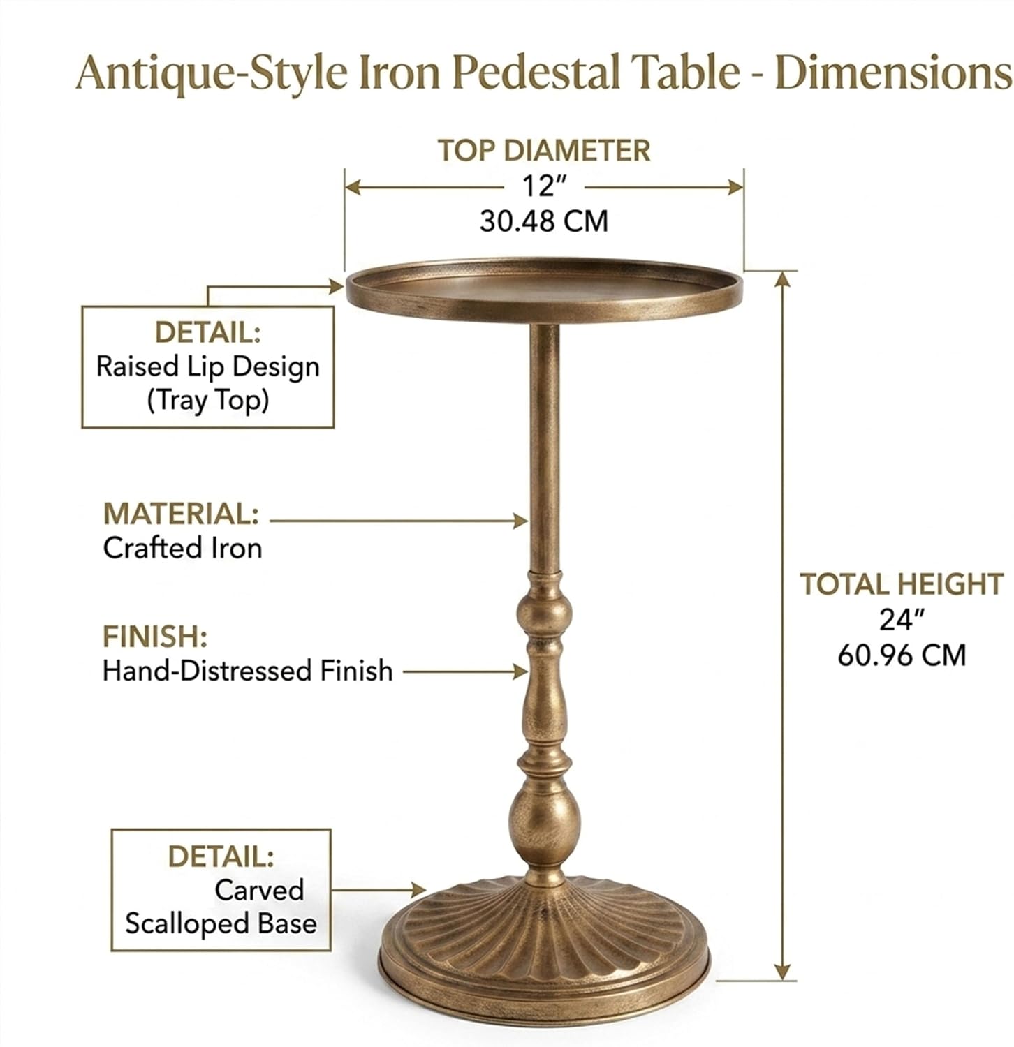 Vintage Round Side Table, Antique Gold Metal End Table Small Accent Table for Living Room, Bedroom & Home Decor, Compact Decorative Table for Drinks & Plants 24" Height