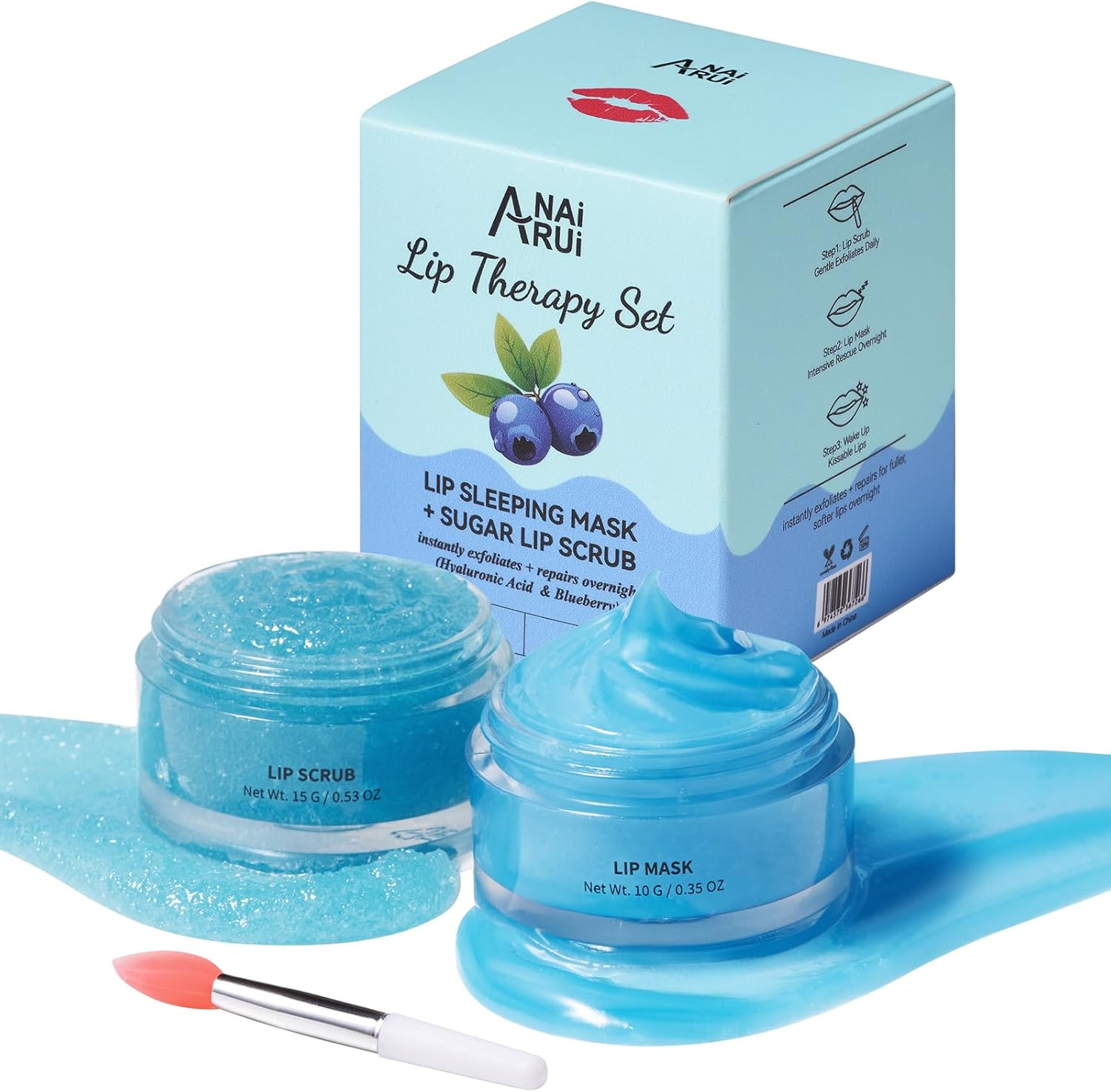ANAiRUi Lip Plumper Mask and Lip Scrub Set, Hyaluronic Acid Blueberry Lippenbalsem voor slapende lippen, hydraterend en voedend, lippenpeeling voor vermindering van liplijnen, lippenverzorgingsset