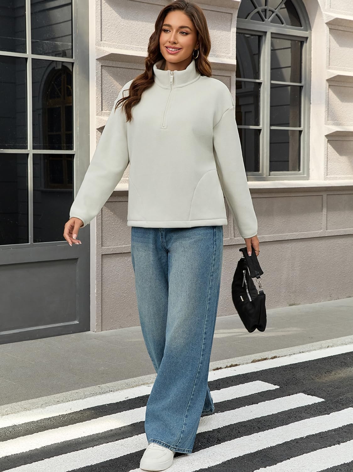 ZFLM Women's Classic Slim-Fitting Half-Zip Fleece Jacket Long-Sleeved Short Winter Coat With Pockets - Image 7