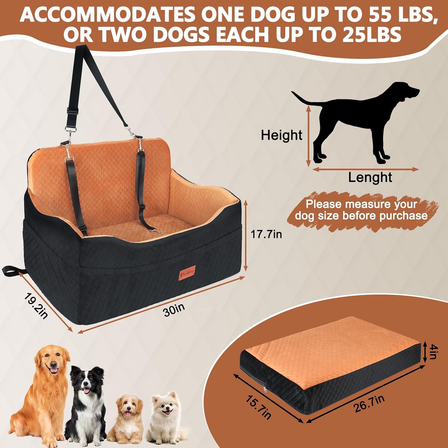 Vivifying Dog Car Seat for Back Seat, Booster Travel Bed for Medium Large Dogs or 2 Small Dogs, 4" Raised Foam Cushion, Safety Leash & Washable Cover, Soft Dog Booster Seat for Cars, Trucks & SUVs