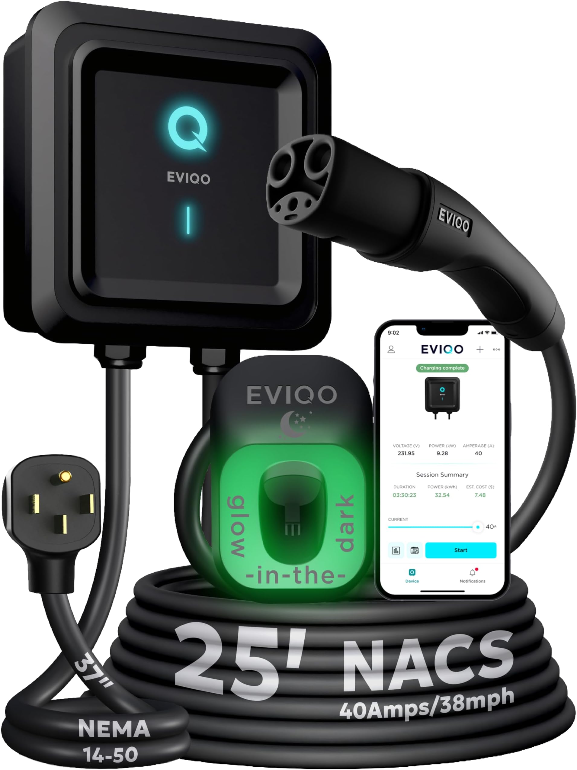 Level 2 EV Charger NACS 40A NEMA 14-50 - 240V Wall Charging Station | Plug in, up to 40 mph, 25ft Cable, WiFi (2.4GHz), Smart App, Weatherproof Indoor/Outdoor (IP66, NEMA 4), UL & ETL Certified