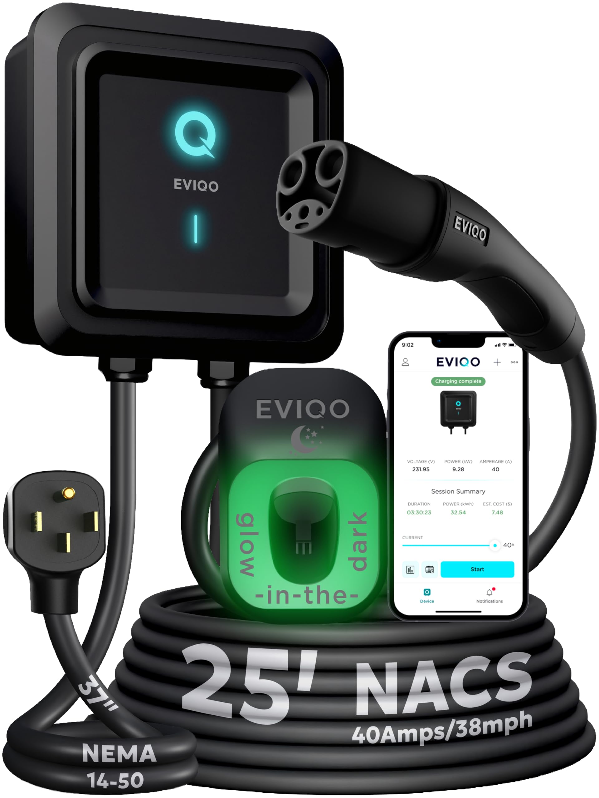 EVIQO NACS Charger for Tesla 40 Amp 240V Plug-in Level 2 EV Charger