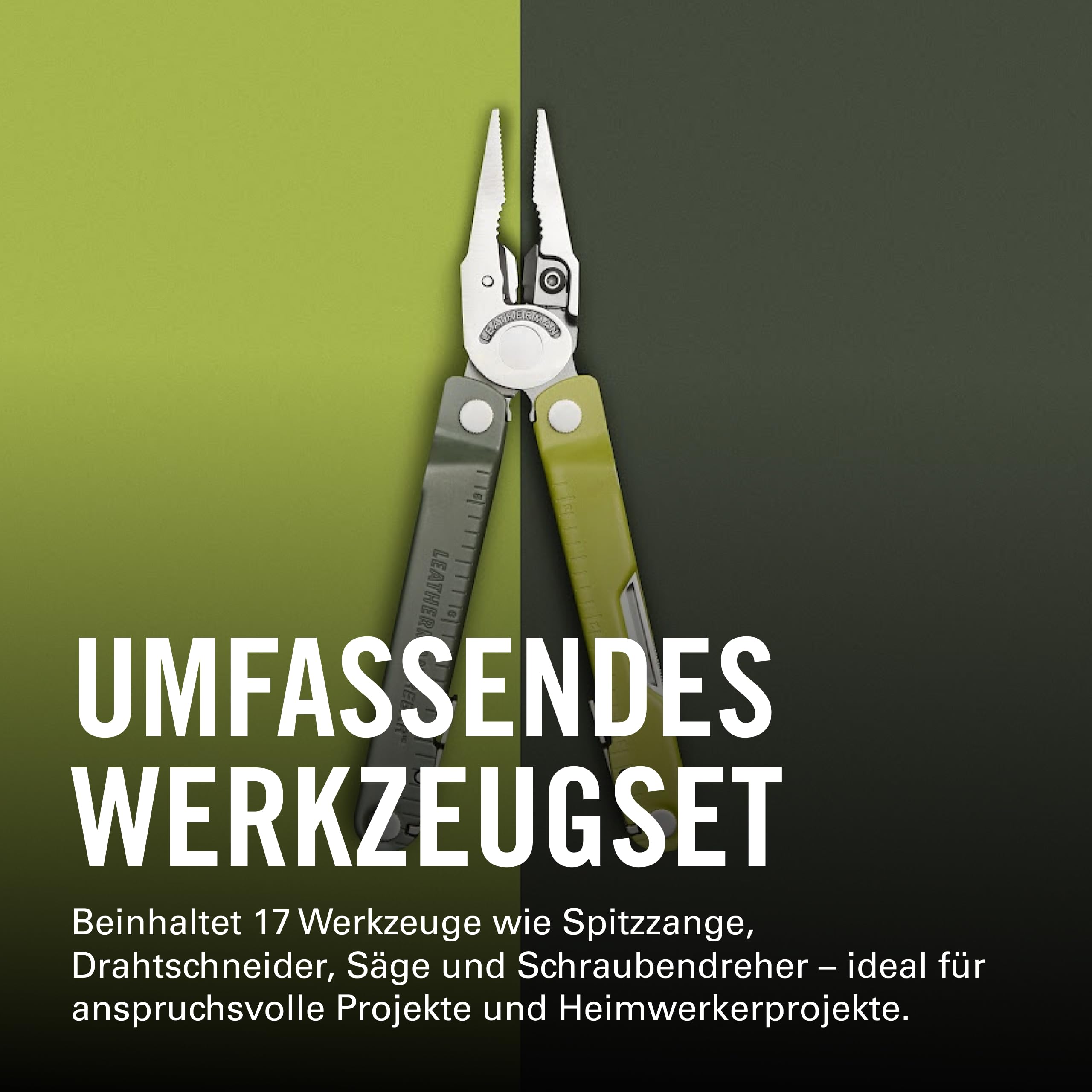 Leatherman Rebar Multi-Tool, Edelstahl, Mossy Slate | 17 Werkzeuge für Heimwerker und Camping