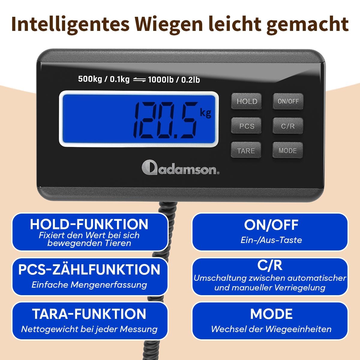 Adamson Tierwaage 500 kg – Digitale Plattformwaage & Hundewaage für große Hunde, Schafe, Ziegen & Schweine – Präzise Viehwaage mit Tare, Hold & PCS – Batteriebetrieb oder Netzteil