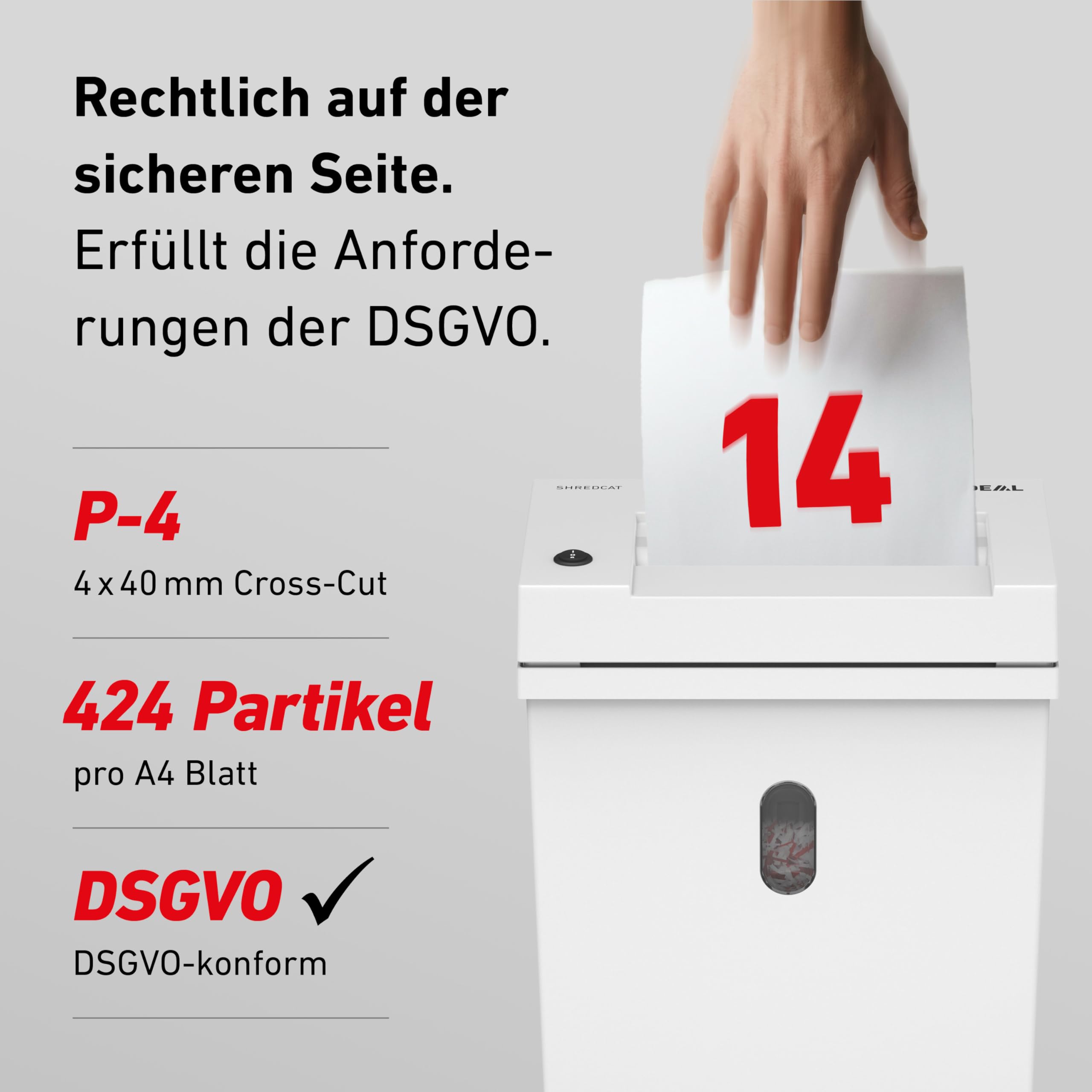 Aktenvernichter IDEAL Shredcat 8200 DataCare Edition inkl.Spezialöl & Datenschutz-E-Book,14 Blatt, Partikelschnitt 4x40mm, P-4 leise & zuverlässig, perfekt für sicheres schreddern im Büro/Homeoffice