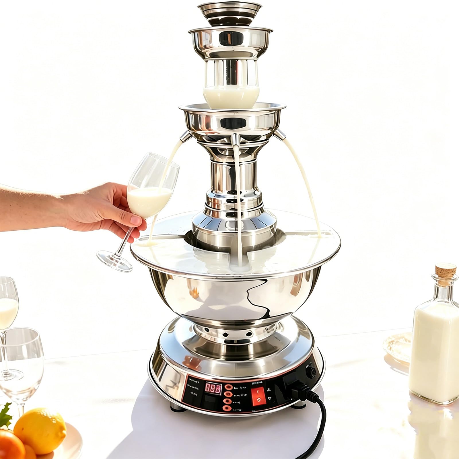 MINEYCHCEY Elegant 3-Tier Champagne Fountain for Parties 3.5L, Electric Wine Dispenser with Waterfall Flow, Stainless Steel Cocktail Fountain for Buffet
