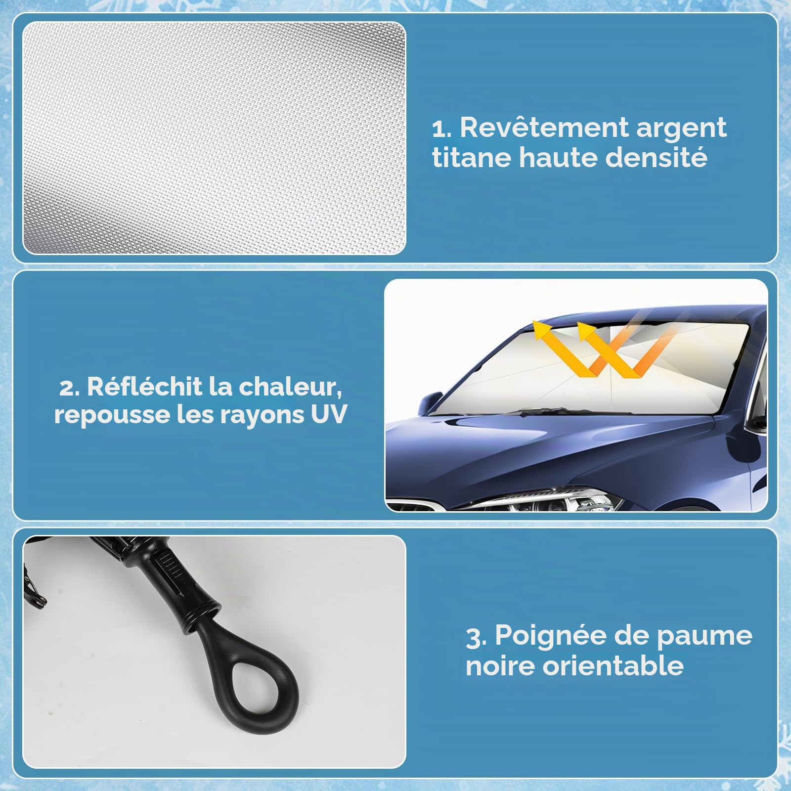 Pare-Soleil Voiture Pare-Brise Avant, 145x85cm Grande Taille,Protection UV & Anti-Chaleur Pliable Poignée rotative elliptique, avec Découpe pour Rétroviseur – Idéal pour SUV et pour Voiture.