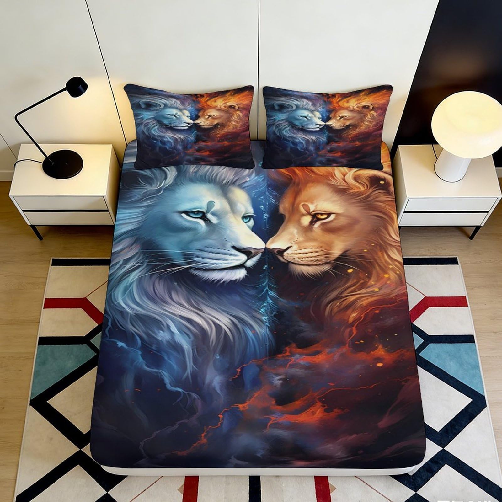 Uxinyoume Style-6 3D Printed Fire And Ice Lion Fitted Sheet Microfiber Soft Anti-Slip Bed Cover For Bedroom Dorm Mattress Protection Decor 90X200x25cm