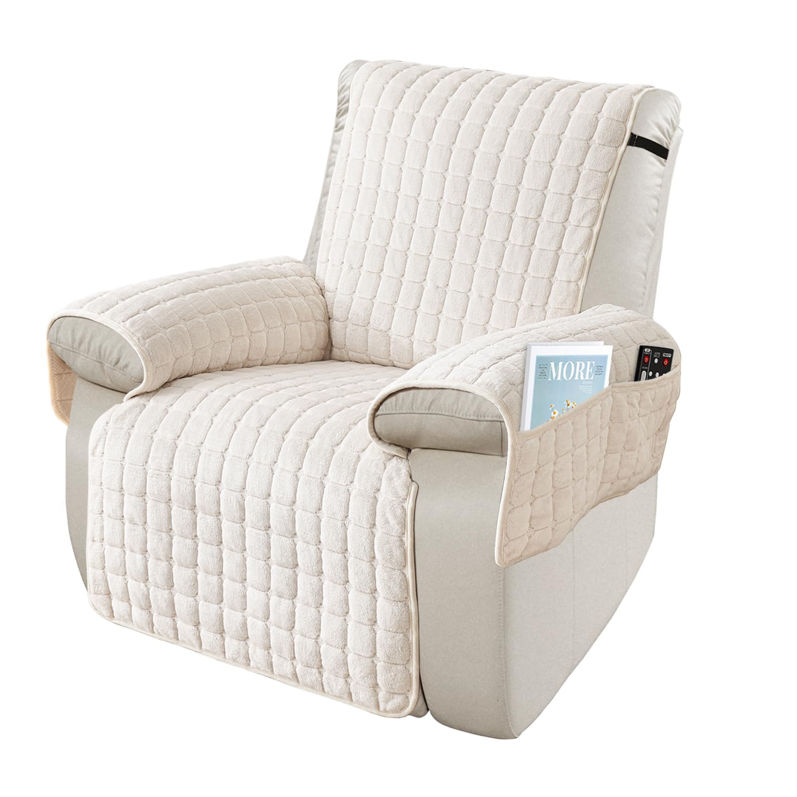 Stoelbeschermer voor televisiefauteuils, 100% waterdicht, 1-zits, stoelbeschermer met zakken, antislip, stoelkussen, relaxstoel met 2 verstelbare riemen, wasmachinebestendig, grijs, S
