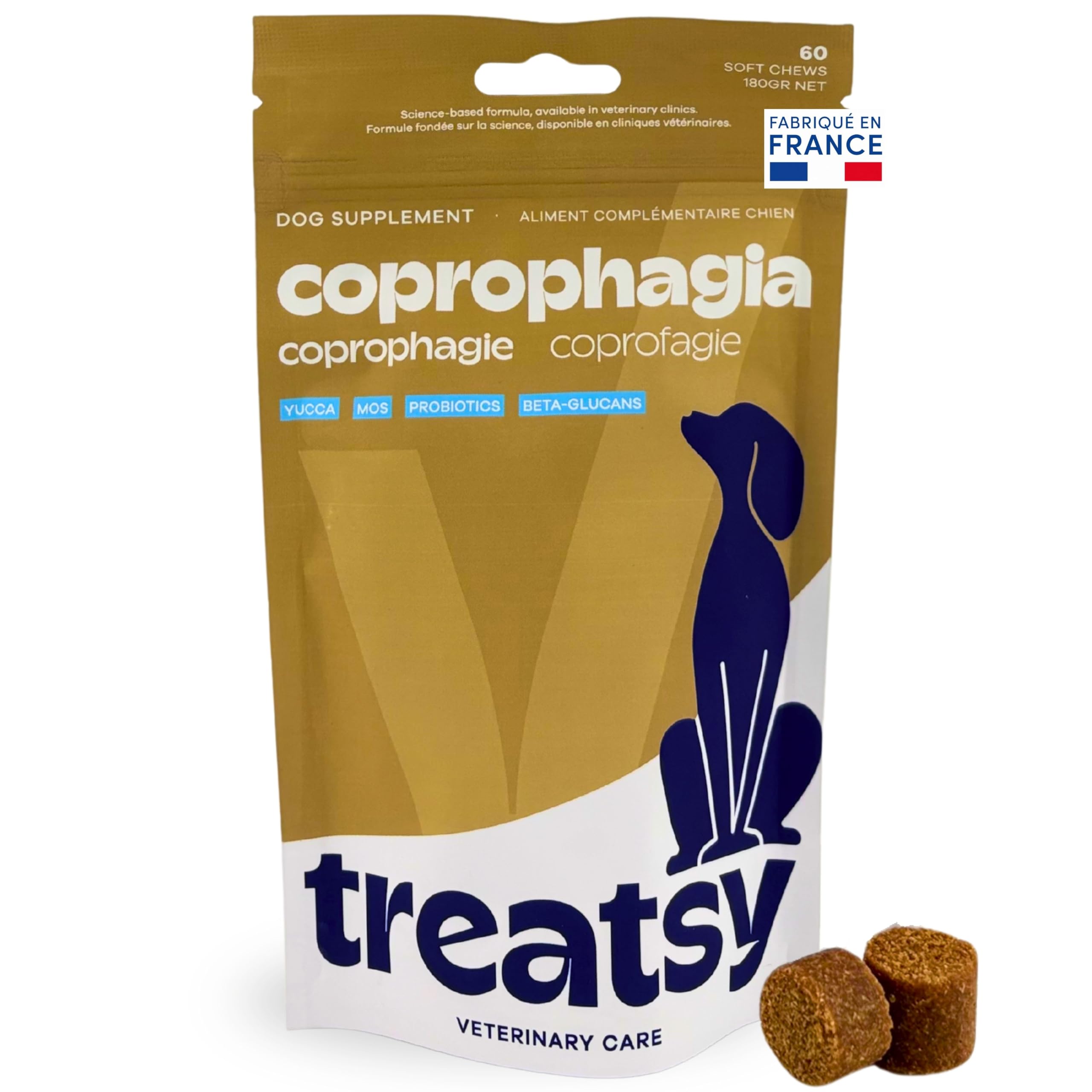 Coprophagie Chien – Complément Vétérinaire Contre l’Ingestion de Ses Propres selles – Yucca, Probiotique Enterococcus faecium, MOS & Bêta-Glucanes – 60 Bouchées Vétérinaire