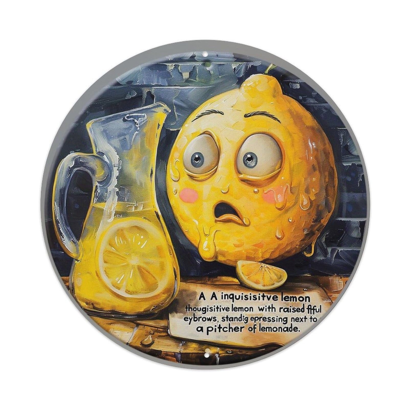 Lemon With Raised Eyebrows Pitcher Lemonade Vintage Round Tin Sign Retro Metal Wall Decor Metal Poster, Home Bar Garage Cafe Wall Art Decoration 8x8Inches