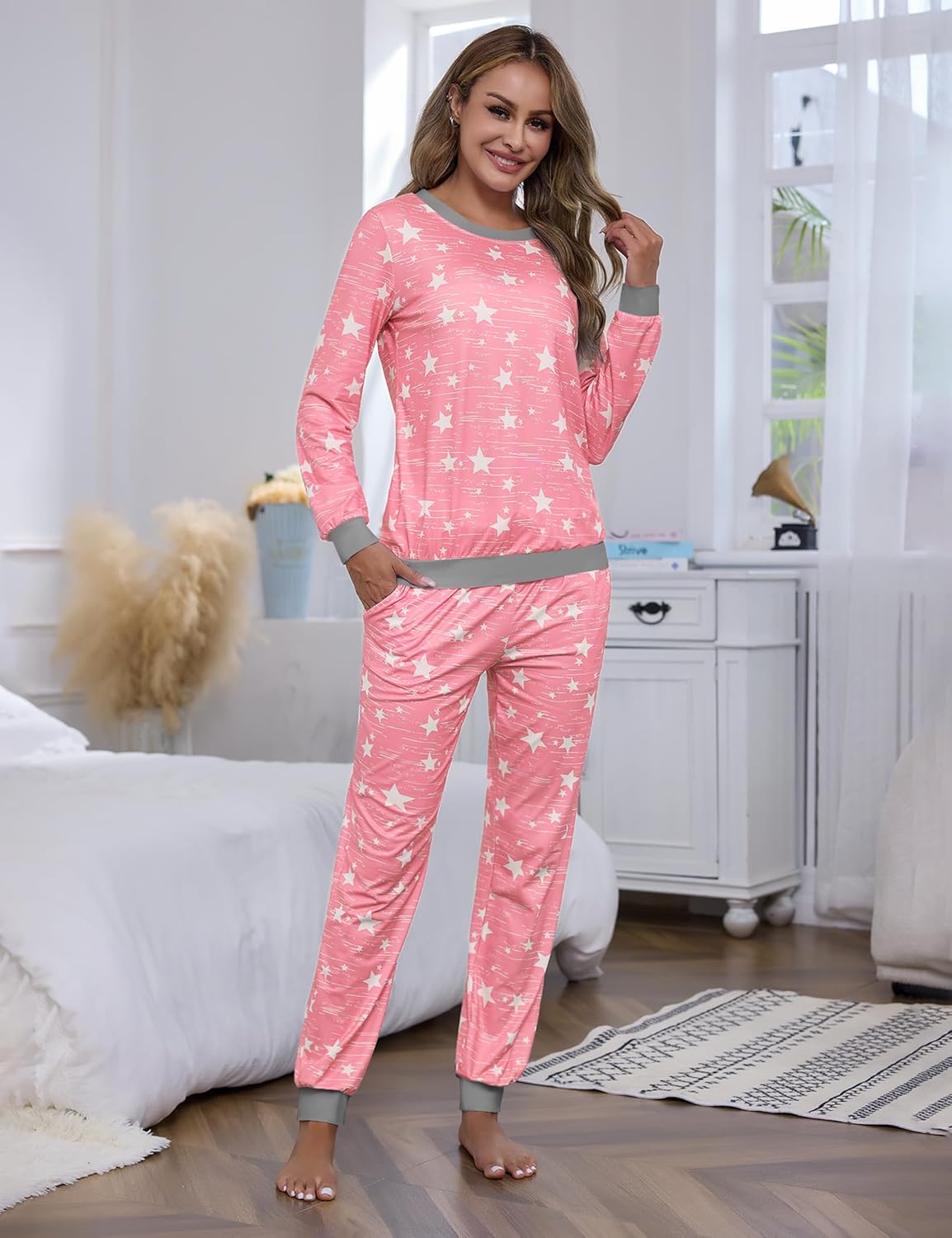 Soft Womens Pajama Sets Cotton Long Sleeve Pj Sets Comfy 2 Piece Sleepwear Cozy Loungewear Nightwear With Pockets - Image 2