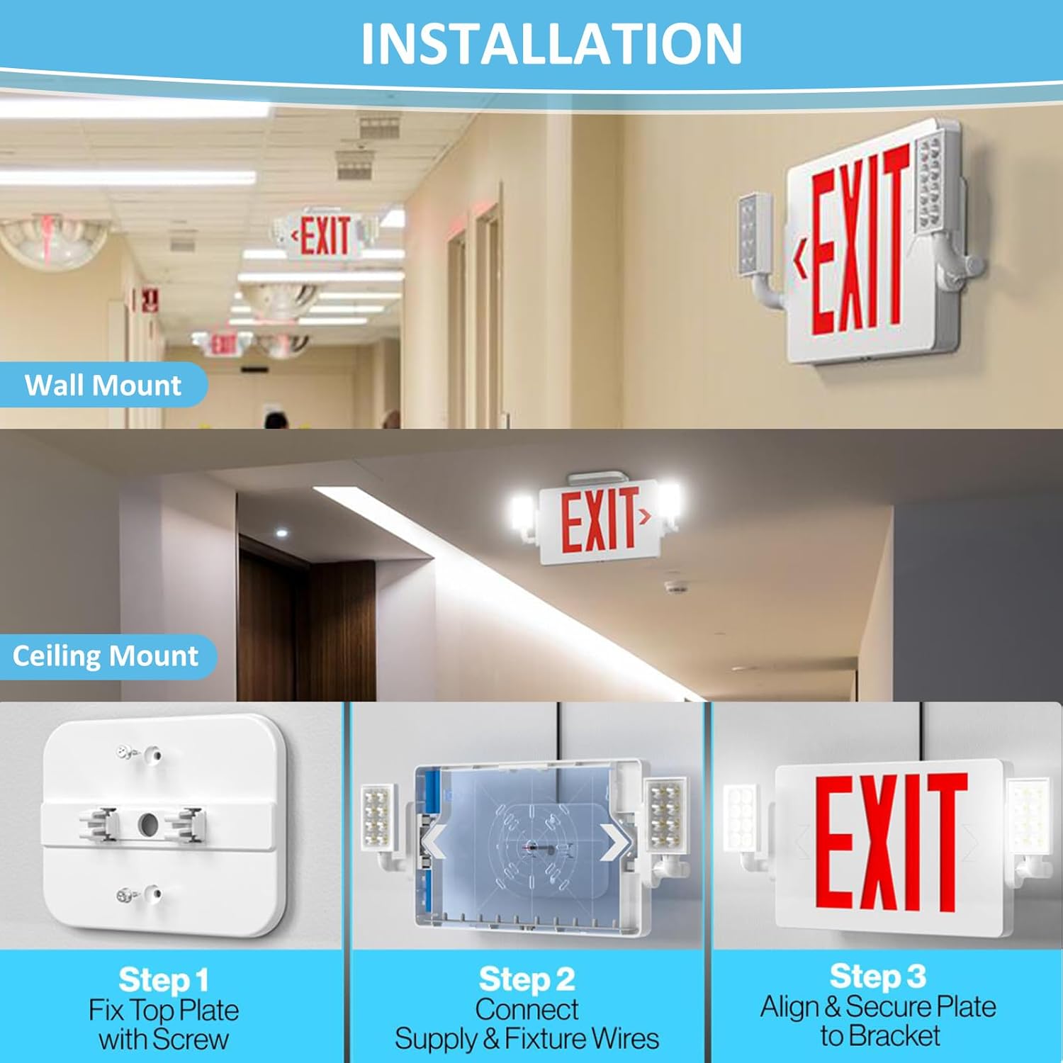 Double Sided LED Emergency EXIT Sign Combo, Two LED Lights, Backup Battery, US Standard Red Letter Emergency Exit Lighting, Commercial Grade, 120-277V, Fire Resistant (UL 94V-0) 4 Pack