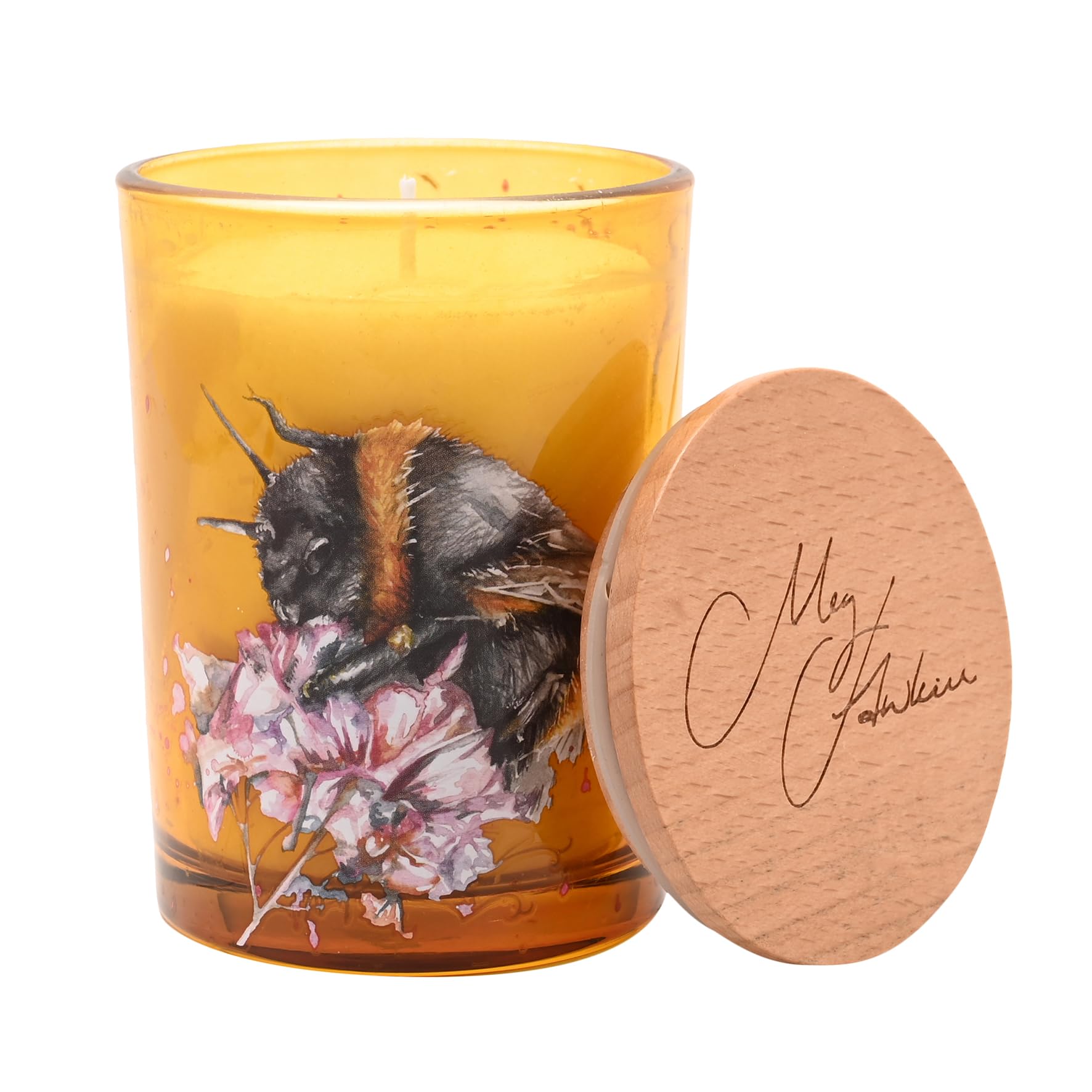 Meg Hawkins 250g Candle – Glass Jar with Watercolour Wildlife Design – Luxury Fragranced Home Décor Gift. (Bumble Bee)