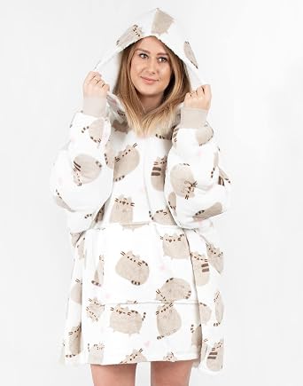 Pusheen Womens Wearable Blanket | Ladies Tabby Cat with Hearts All Over Print Fleece Hoodie | Cute Snuggle Hooded Pullover