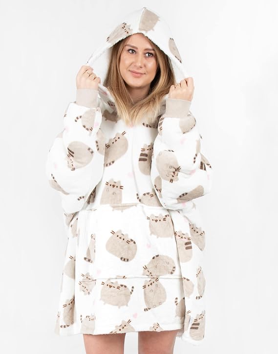 Pusheen Womens Wearable Blanket | Ladies Tabby Cat with Hearts All Over Print Fleece Hoodie | Cute Snuggle Hooded Pullover