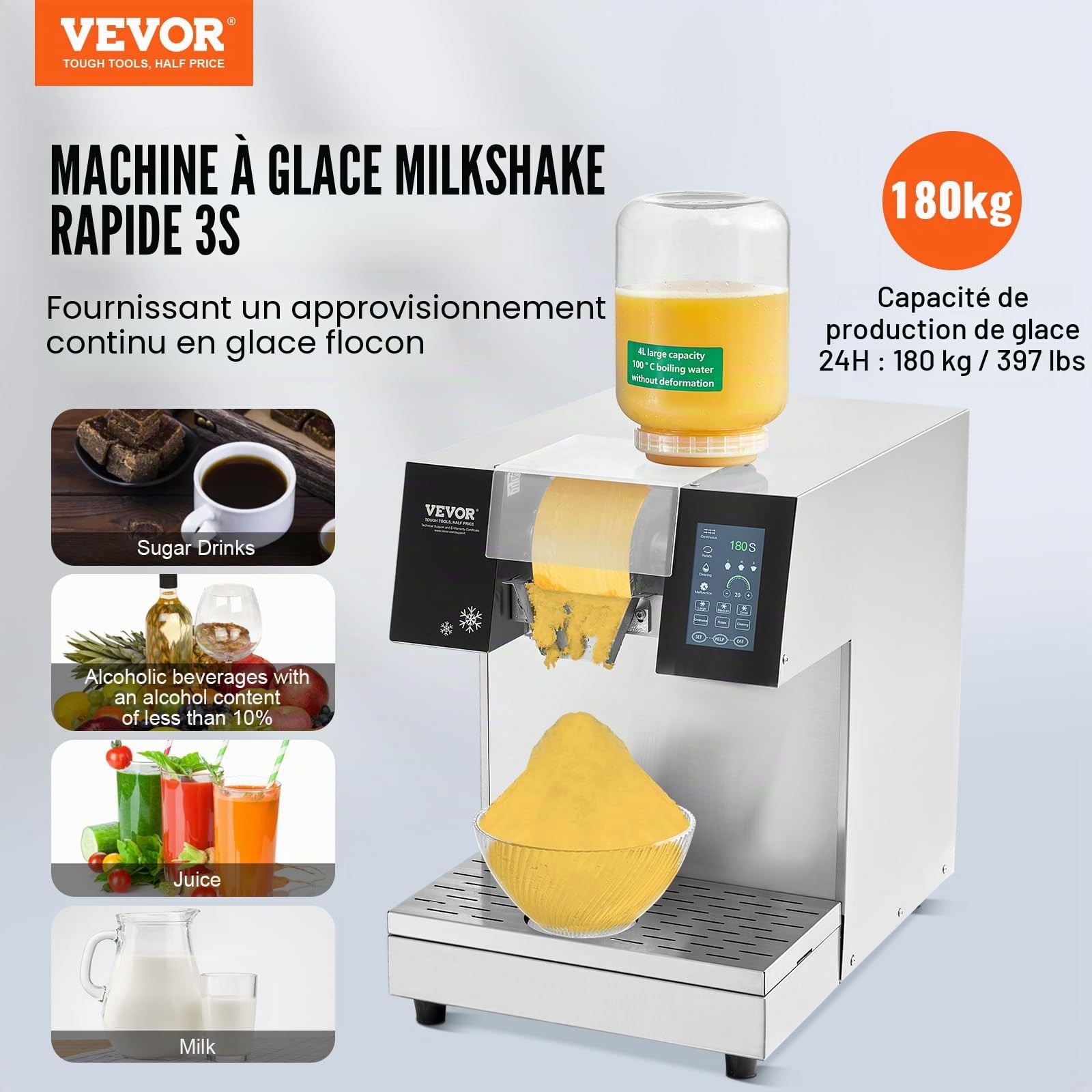 VEVOR Machine à Glace Râpée de Neige Commerciale, Machine à Râper la Glace 180 kg/24H, Machine à Glace Pilée en Inox, Système de Refroidissement par Liquide, Glace Rasée pour Dessert Boulangerie Café