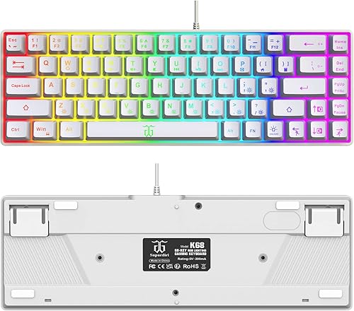 Miniatura 2 de Snpurdiri Teclado para videojuegos 60% pequeño, ergonómico y pequeño, teclado retroiluminado RGB para Windows, PC, laptop, juegos (68 teclas, blanco)