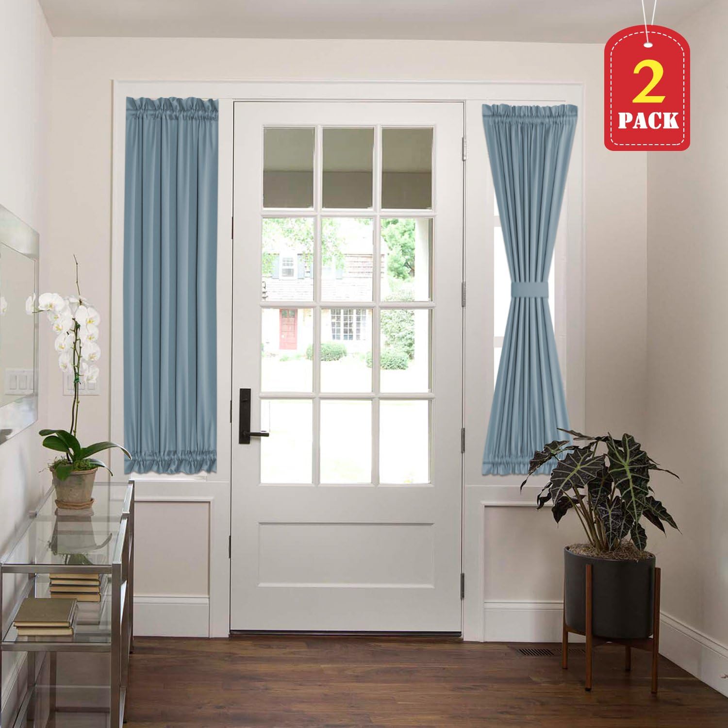 H.VERSAILTEX Sliding Door Blackout Curtain Panel Functional Thermal Insulated Blackout Sidelights Panel Curtains for French Door 25W by 72L Inches, 2 Panels, Stone Blue