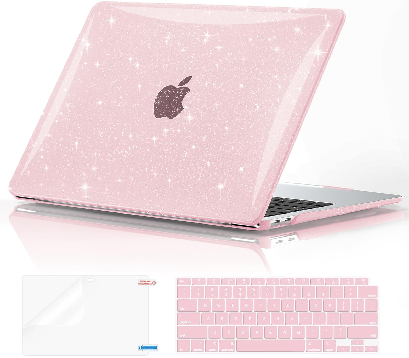 EooCoo Glitter Hard Case Compatible with MacBook Air 13 inch M1 Chip 2021-2018 with Retina Display, Air 13.3 inch Plastic Protective Case + Keyboard Cover + Screen Protector, Sparkly Cute Pink