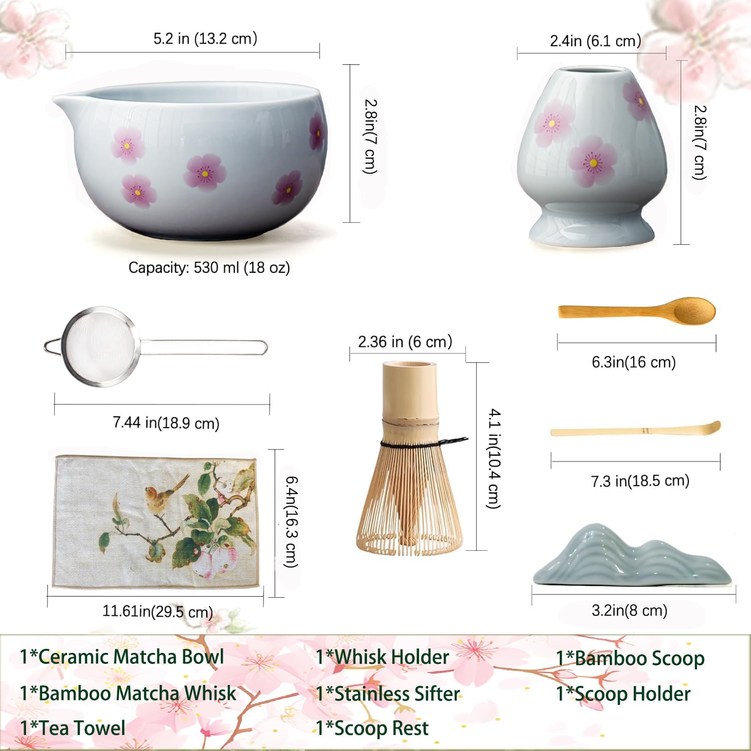 Matcha Whisk Set,8 Pcs Ceramic Matcha Set,Matcha Kit for Matcha Lovers,Tradition Tea Set Includes Bowl,Bamboo Whisk and Holder,Scoop,Sifter and Towel,Gift for Family and Friend (Light blue) - Image 2