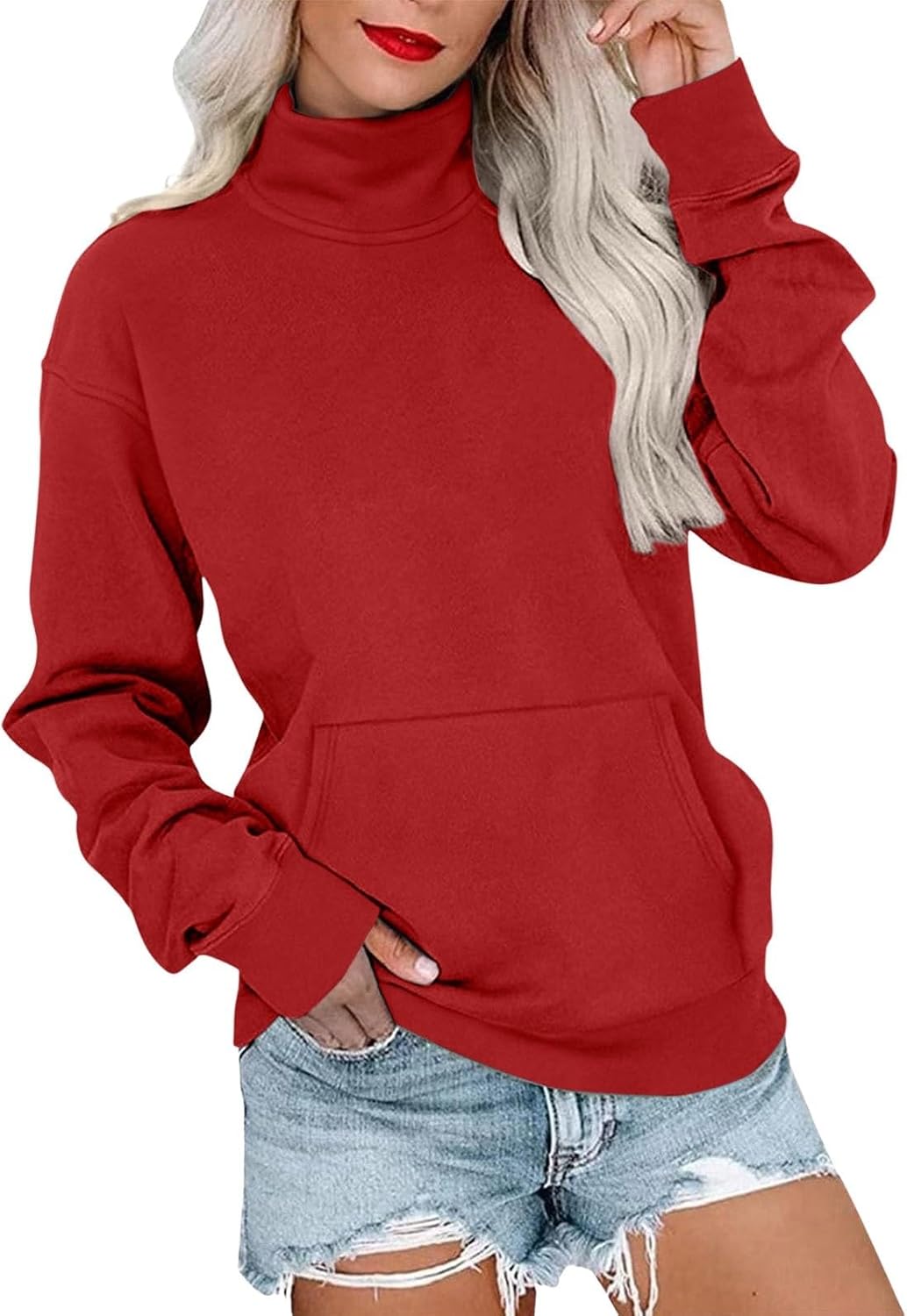 Fall Pocket Hoodies for Womens Casual Oversized Mock Neck Pullover Cute Solid Long Sleeve Sweatshirt for Women