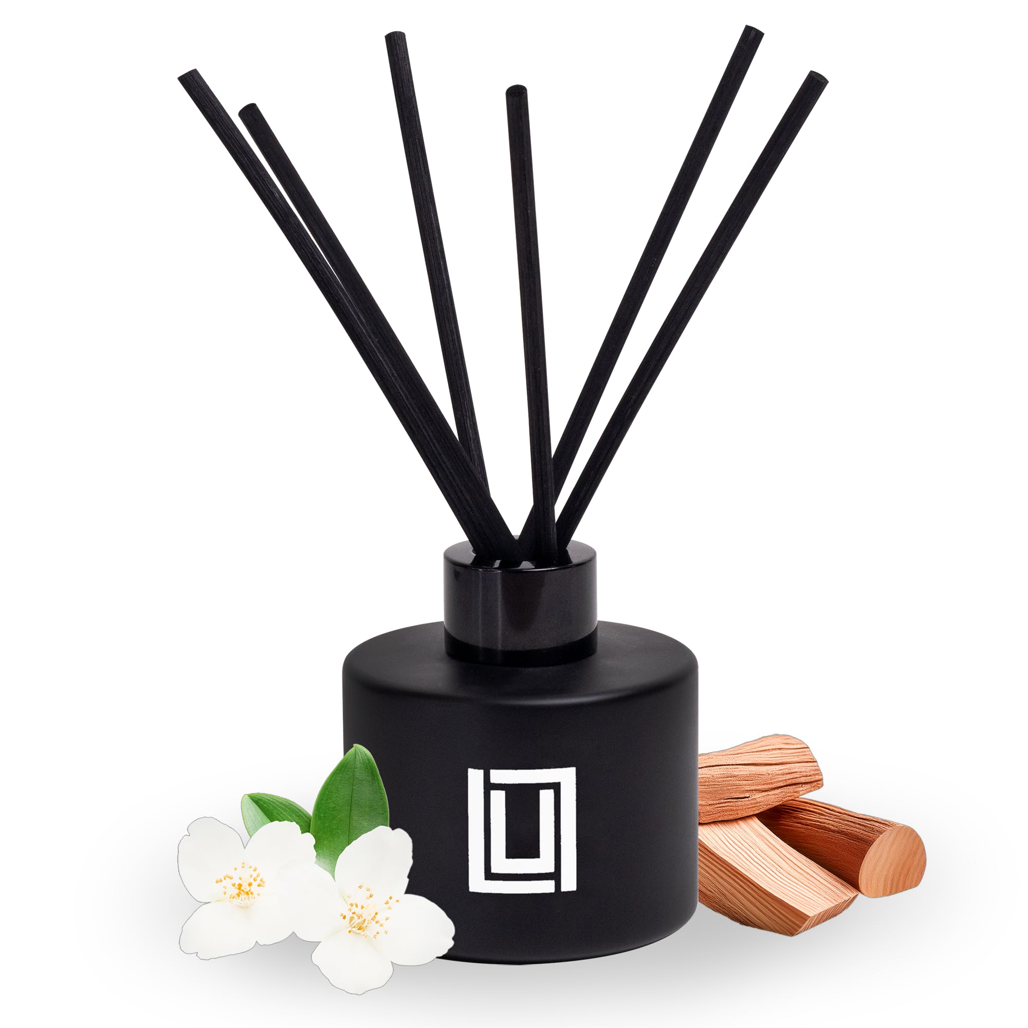 Lulu CandlesReed Diffuser Set, Jasmine, Oud & Sandalwood, 6 Reed Sticks, Scent Diffuser for Bedroom Bathroom Living Room & Office - 4.2 FL Oz.