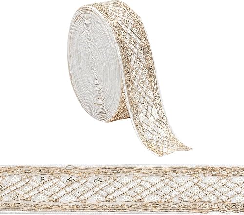 AHANDMAKER 10 yardas de 1.6 pulgadas de tela bordada, cinta jacquard vintage, patrón de rombos metálicos dorados, ribete tejido embridado,