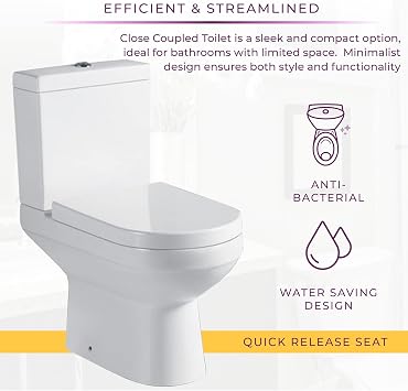 Laynor Ceramic Close Coupled Toilet Includes Soft Closing Seat, Modern White Curved Design, Dual Flush, Bathroom Toilet WC