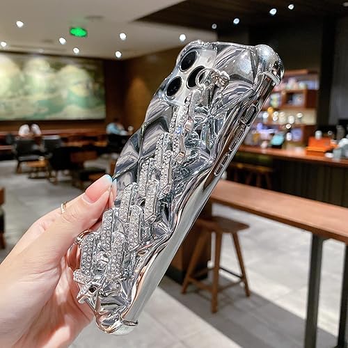 Miniatura 4 de aowner Funda compatible con iPhone 15 Pro, correa de mano de lujo para mujeres y niñas, soporte de muñeca de cristal de diamante con purpurina 3D,