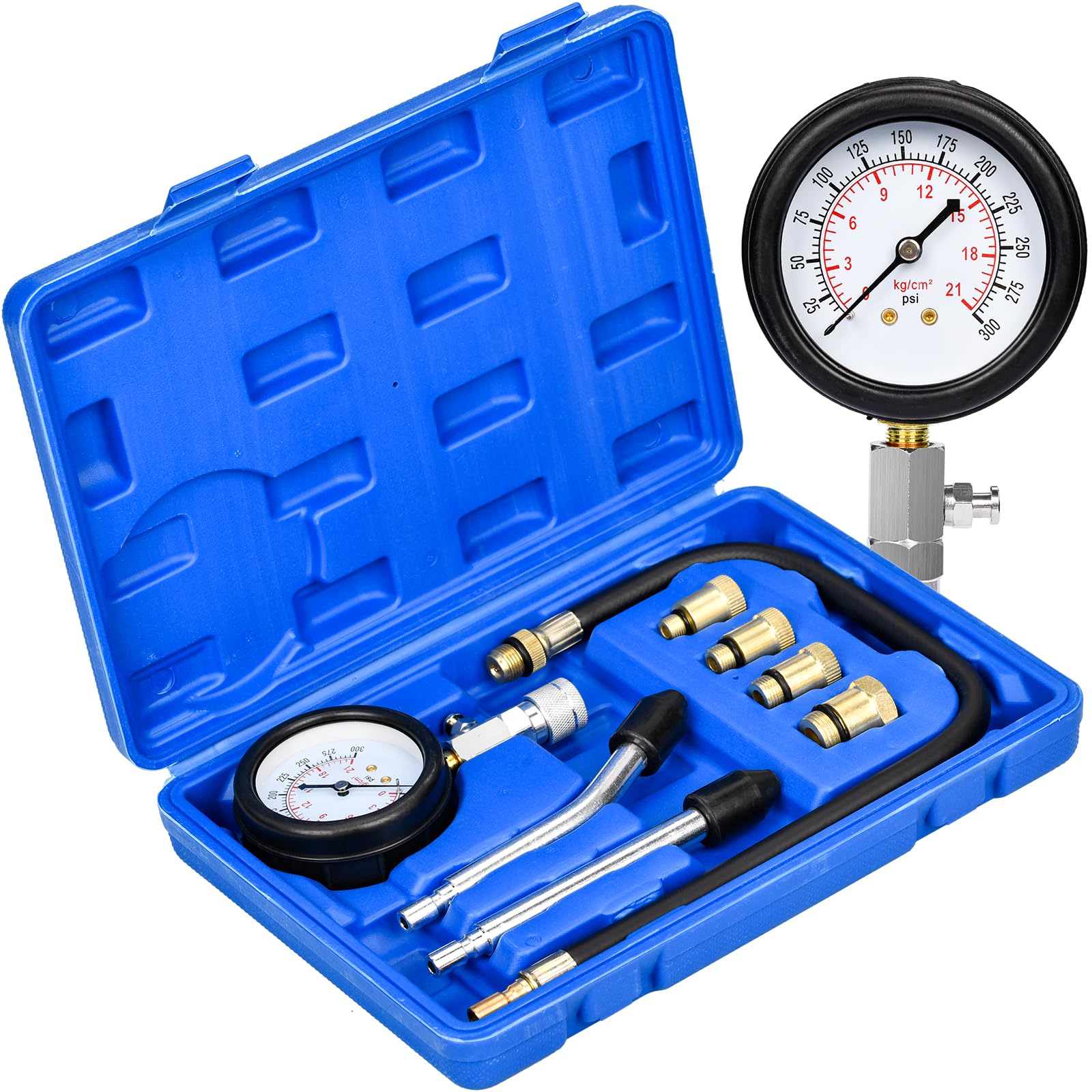 Tester di Compressione, Manometri Compressione per Motori Benzina 0-20 Bar o 0-300 PSI con 4 Adattatori M10 M12 M14 M18 per Auto e Moto (Blu)