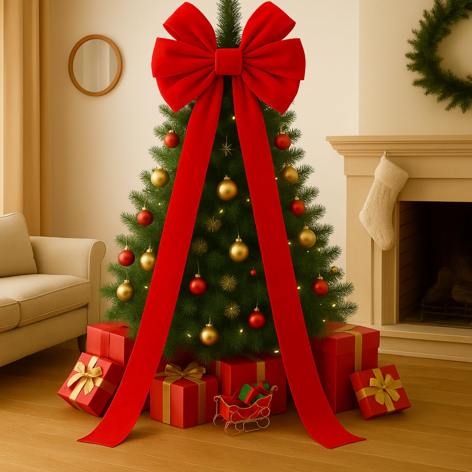 Hungdao Cimier de Sapin de Noël Extra Large – Nœuds géants en Velours avec Longs serpentins – Nœuds décoratifs surdimensionnés pour Sapin de Noël, Porte d'entrée, terrasse et décoration extérieure
