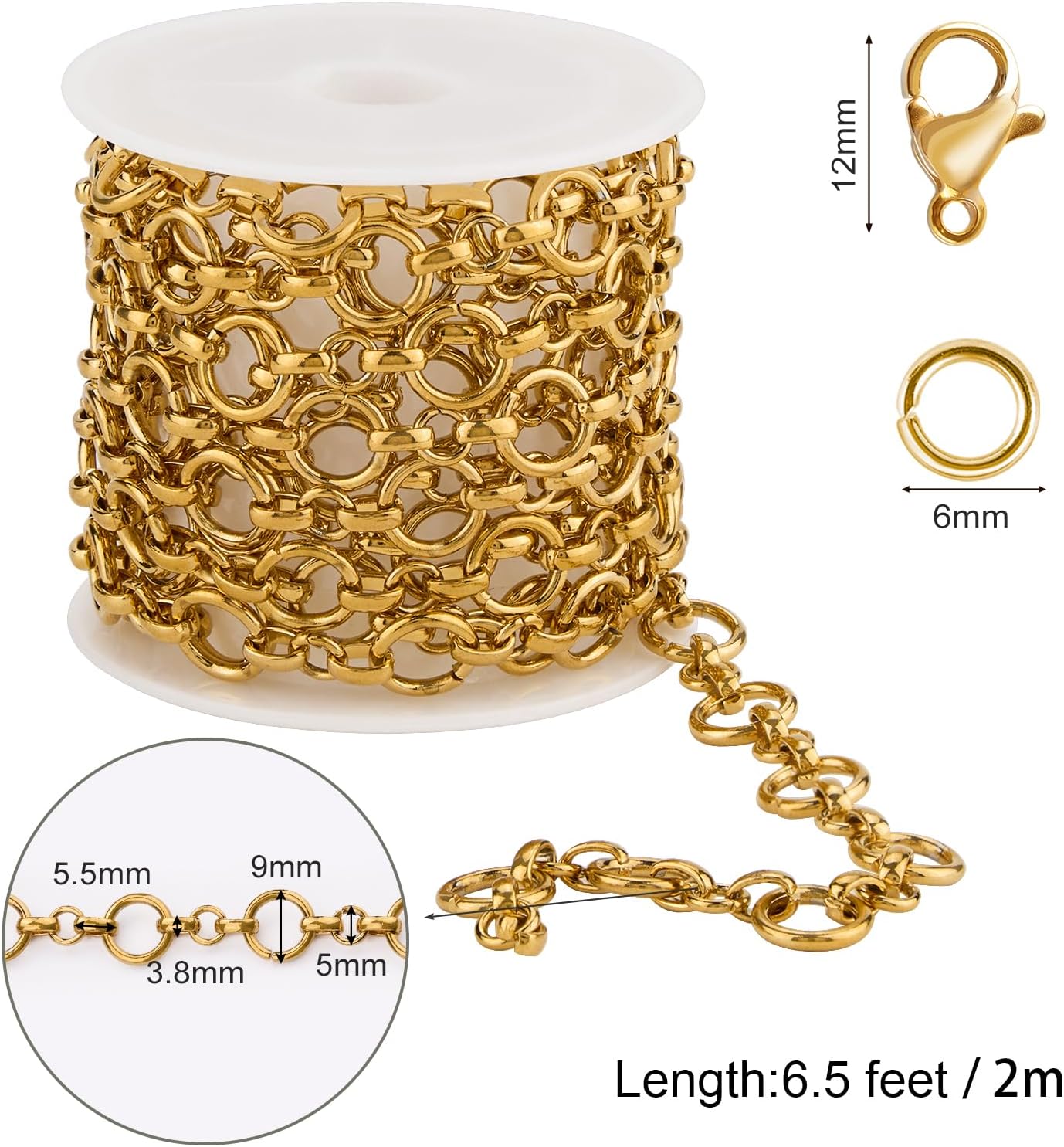 SMYHTGLIF 6.5 Feet Unwelded Round Circle Bulk Rolo Chain for Jewelry Making Gold Plated Stainless Steel Jewelry Making Chain Supplies with Lobster Clasps and Open Jump Rings - Image 4