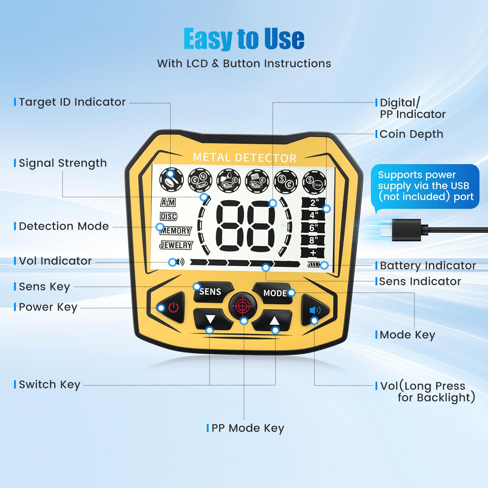 Détecteur de métaux Haute précision, Longueur réglable de 113-141 cm, 5 Modes, détecteur de métaux Professionnel avec écran LCD, Bobine de Recherche étanche IP68