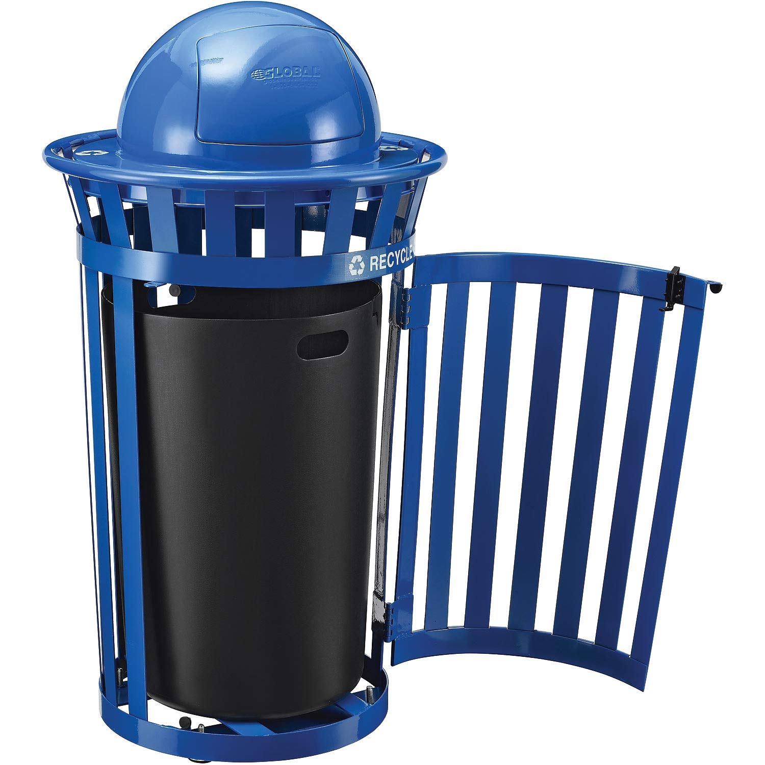 Global Industrial 36 Gallon Outdoor Steel Recycling Receptacle with Access Door & Dome Lid, Plastic Liner and Anchor Kit Included, 28" Dia. X 42" H, Commercial Trash Can, Blue